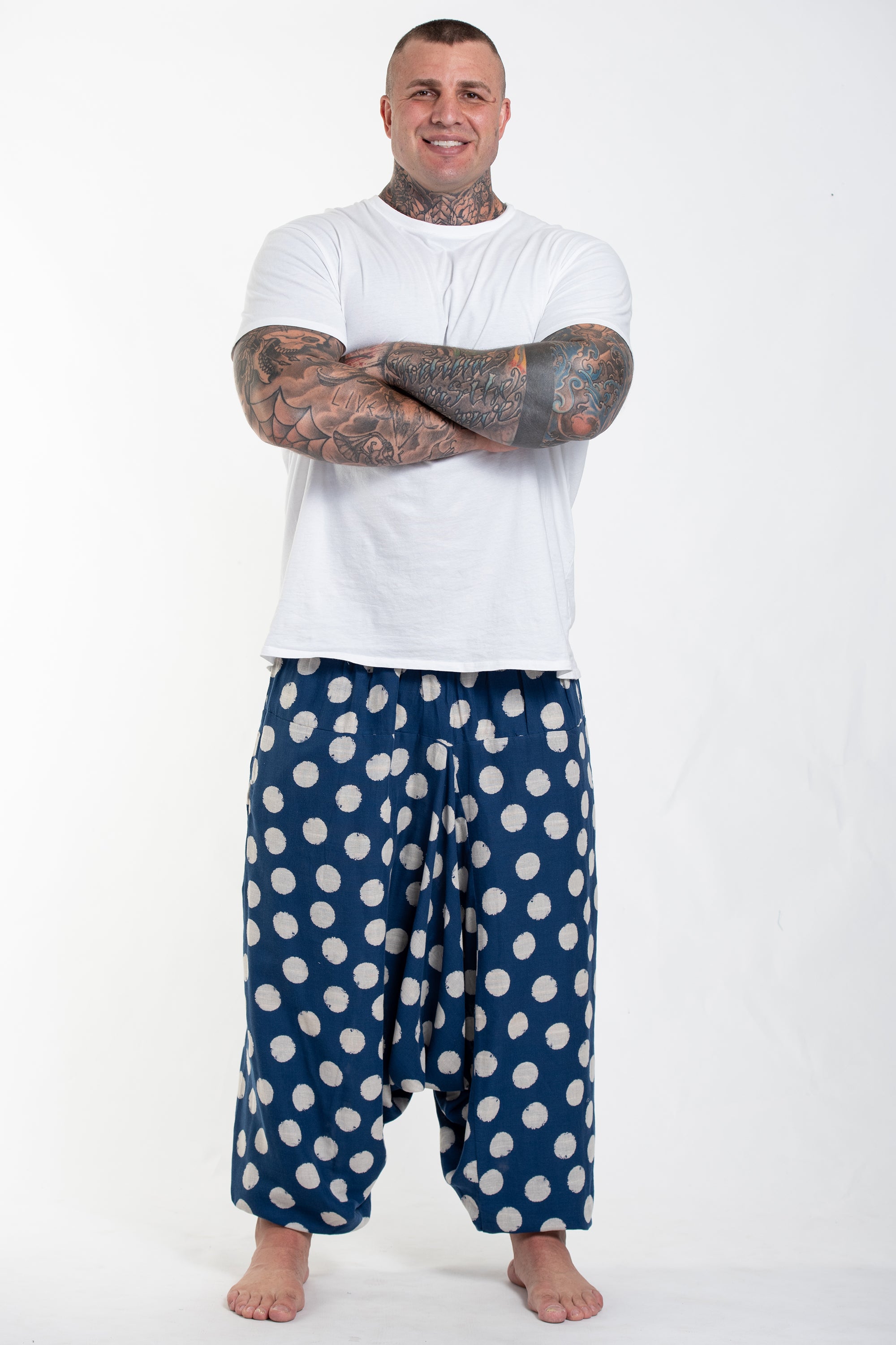 Plus Size Polkadot Prints Men's Low Cut Cotton Harem Pants in Indigo