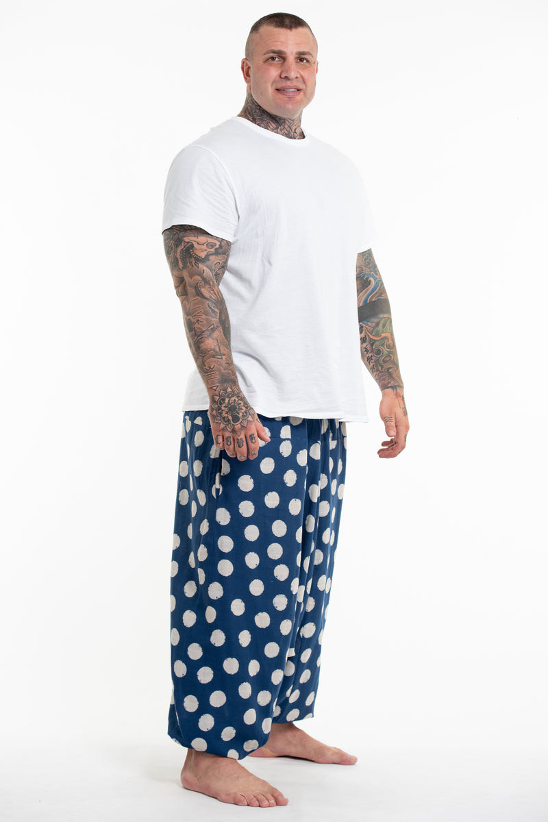 Plus Size Polkadot Prints Men's Low Cut Cotton Harem Pants in Indigo