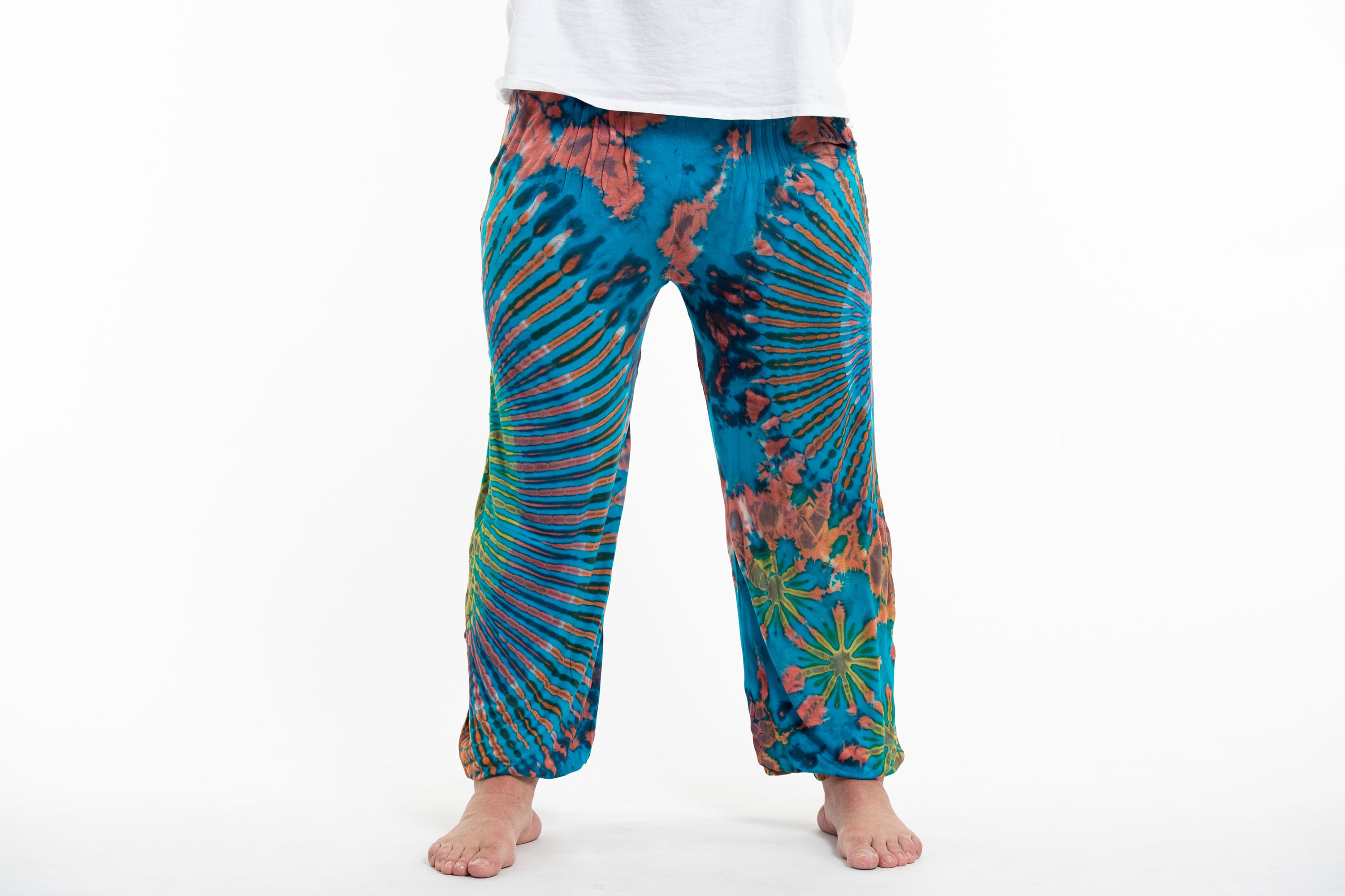 Plus Size Soft Flex Mens Tie Dye Harem Pants in Blue Rainbow