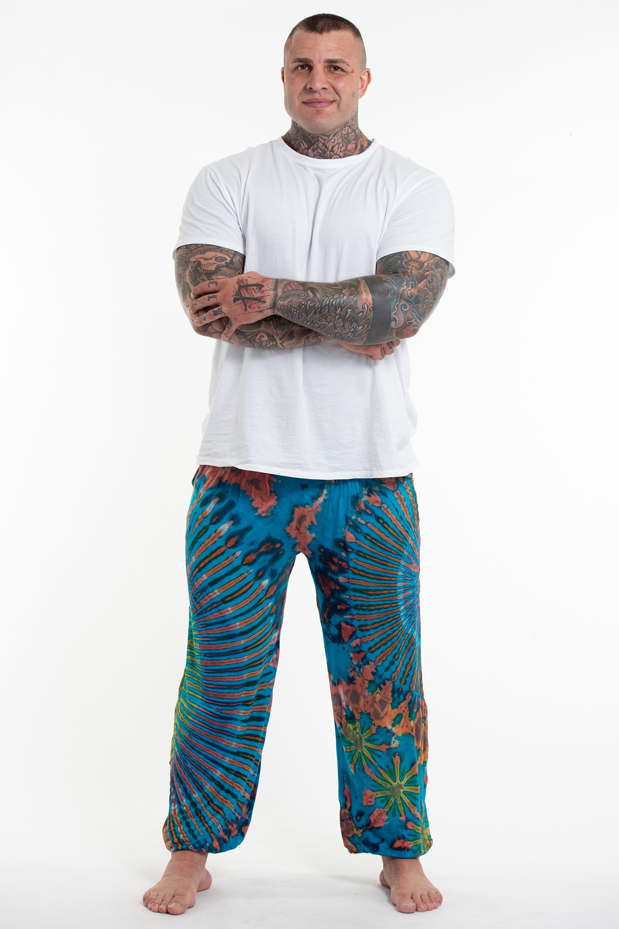 Plus Size Soft Flex Mens Tie Dye Harem Pants in Blue Rainbow