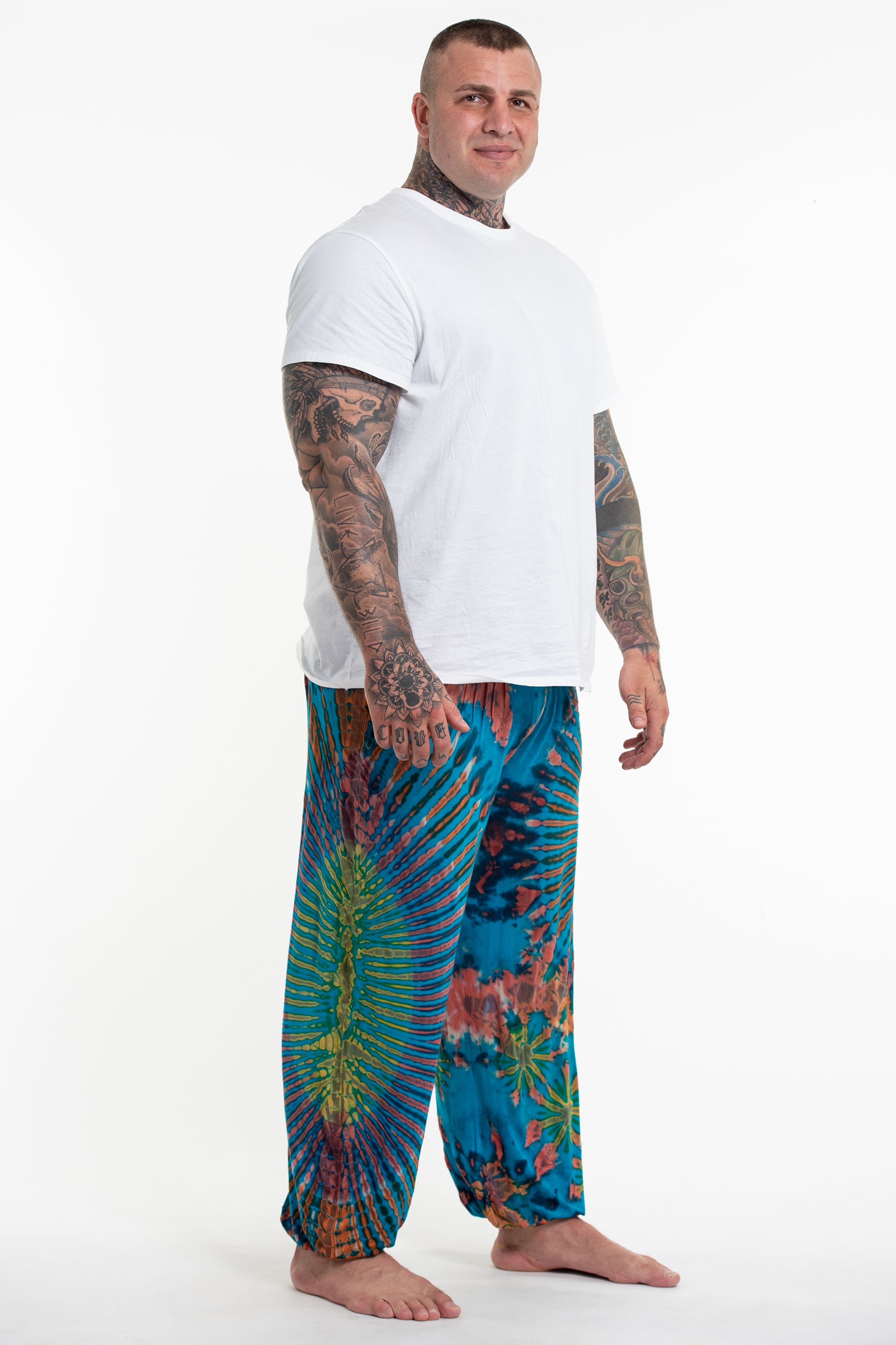 Plus Size Soft Flex Mens Tie Dye Harem Pants in Blue Rainbow