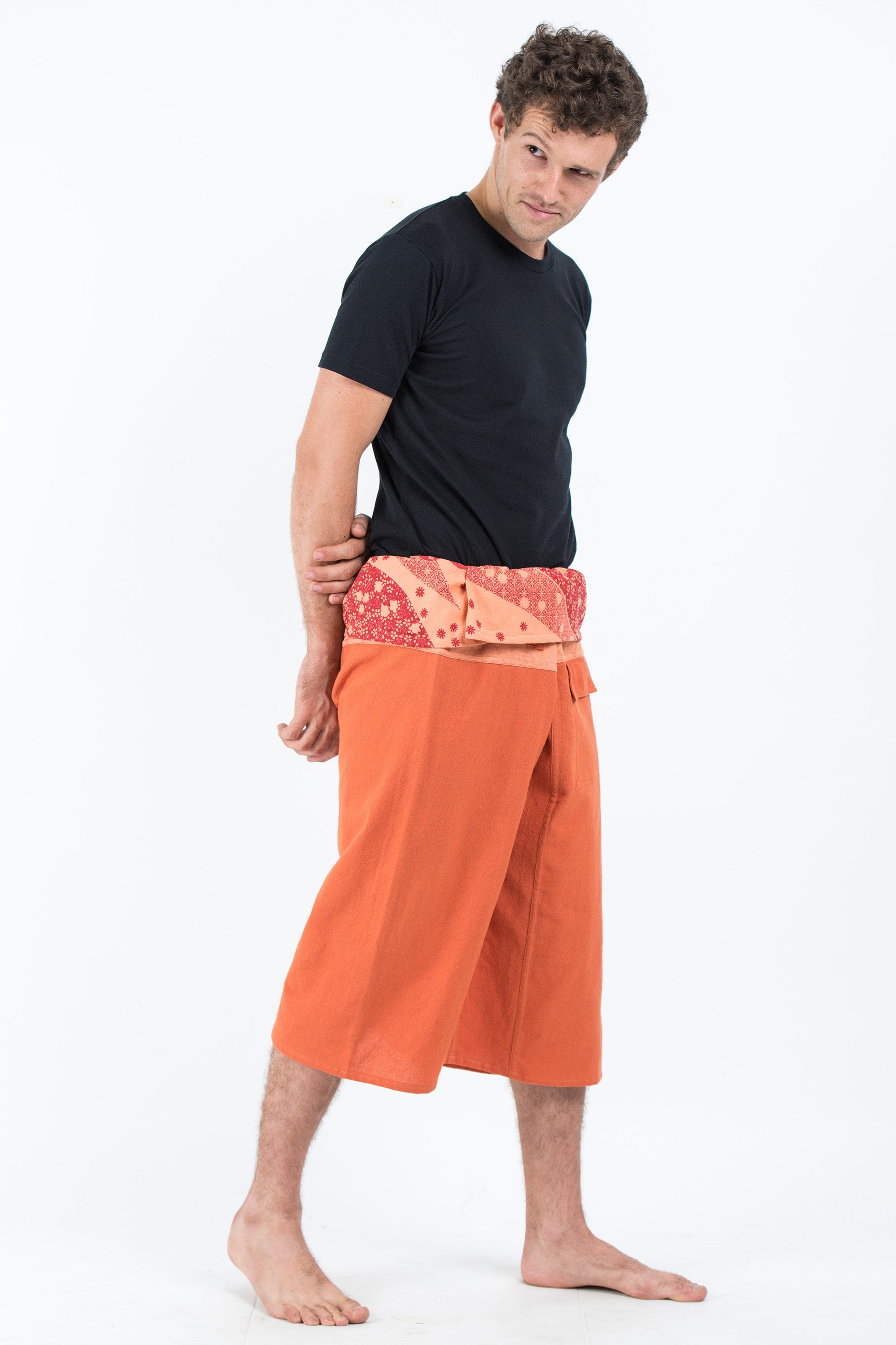 Men's Cropped Fisherman Pants with Pattern Waist Band in Orange