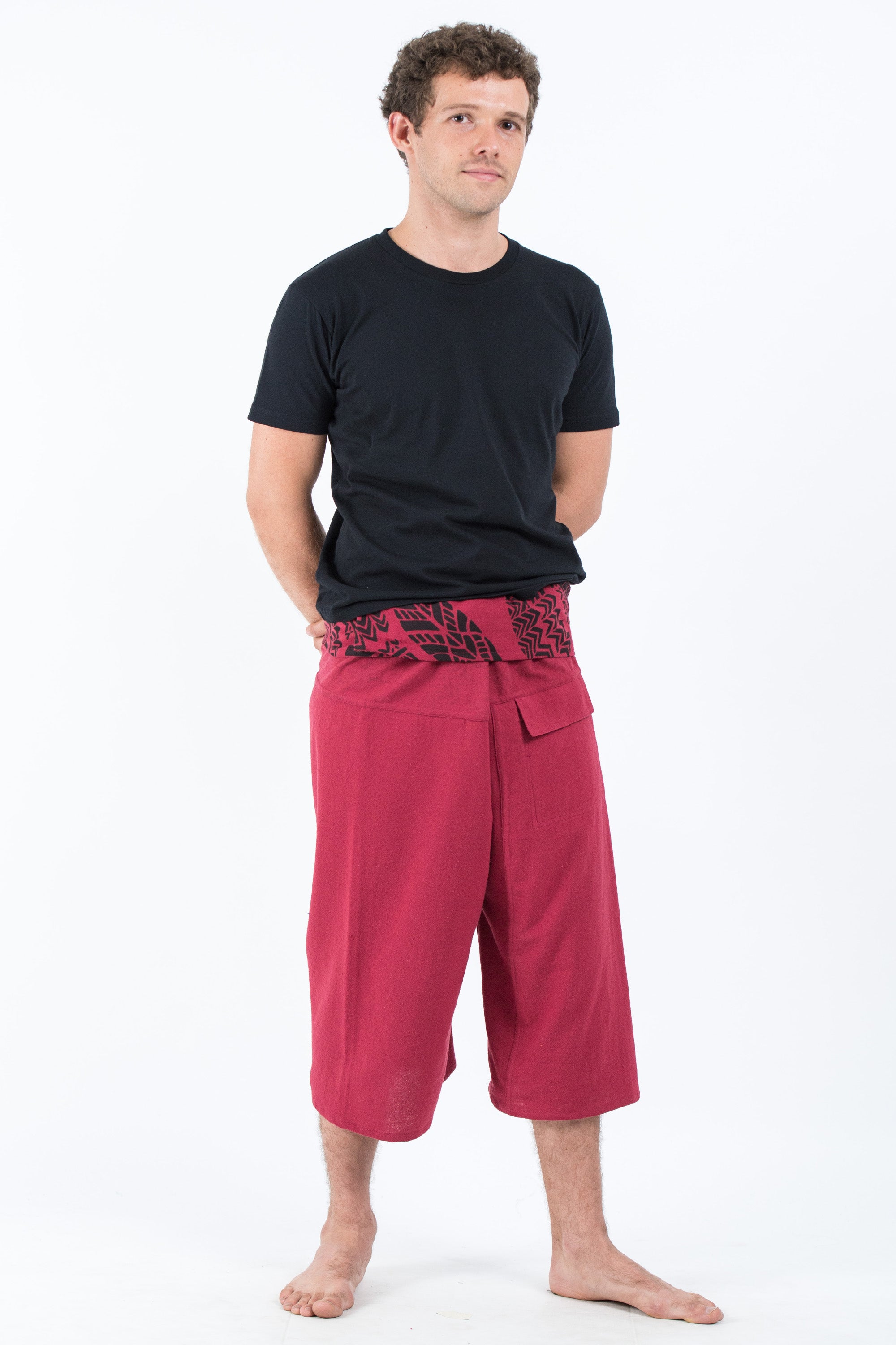 Men's Cropped Fisherman Pants with Pattern Waist Band in Red