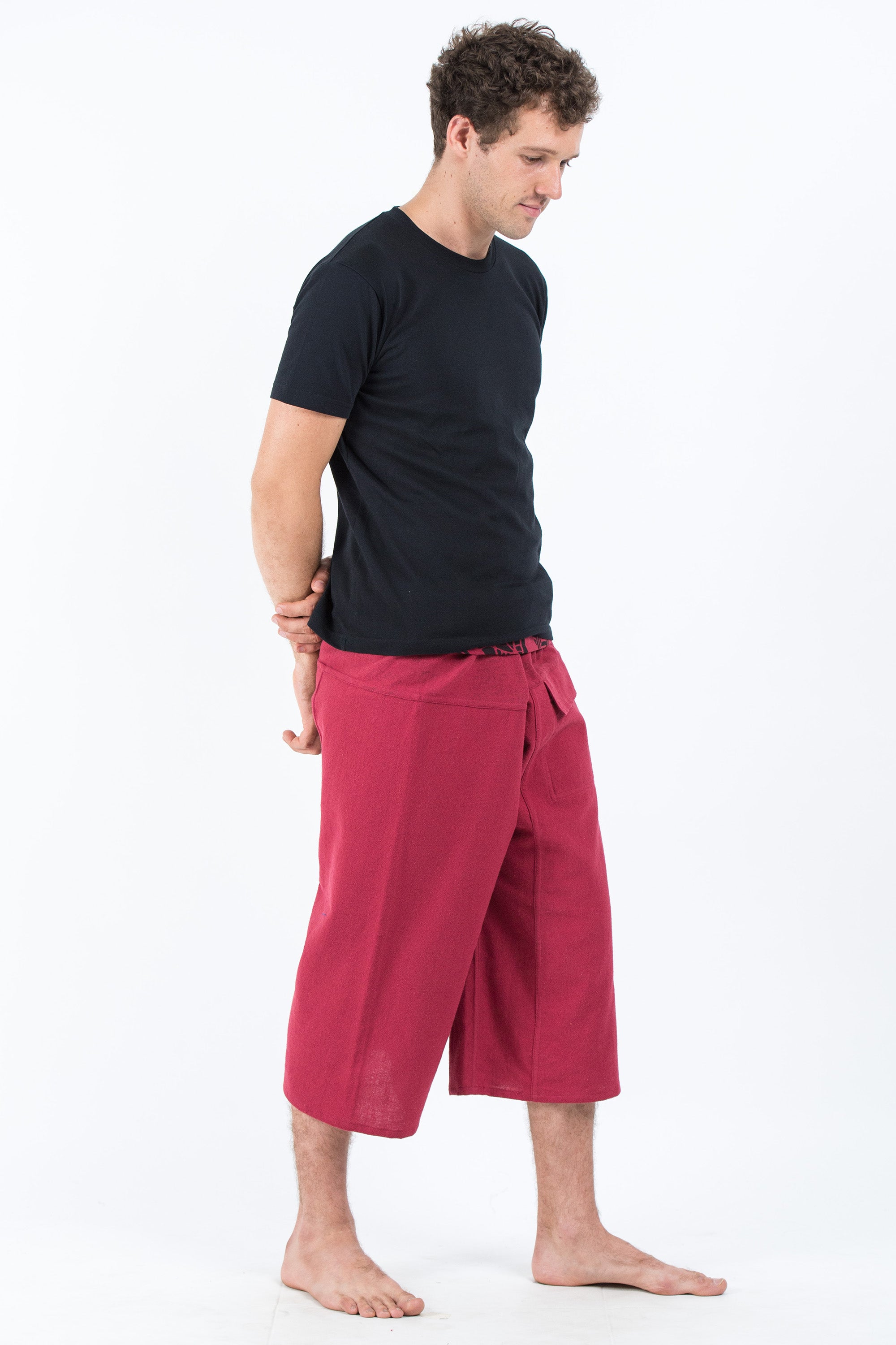 Men's Cropped Fisherman Pants with Pattern Waist Band in Red