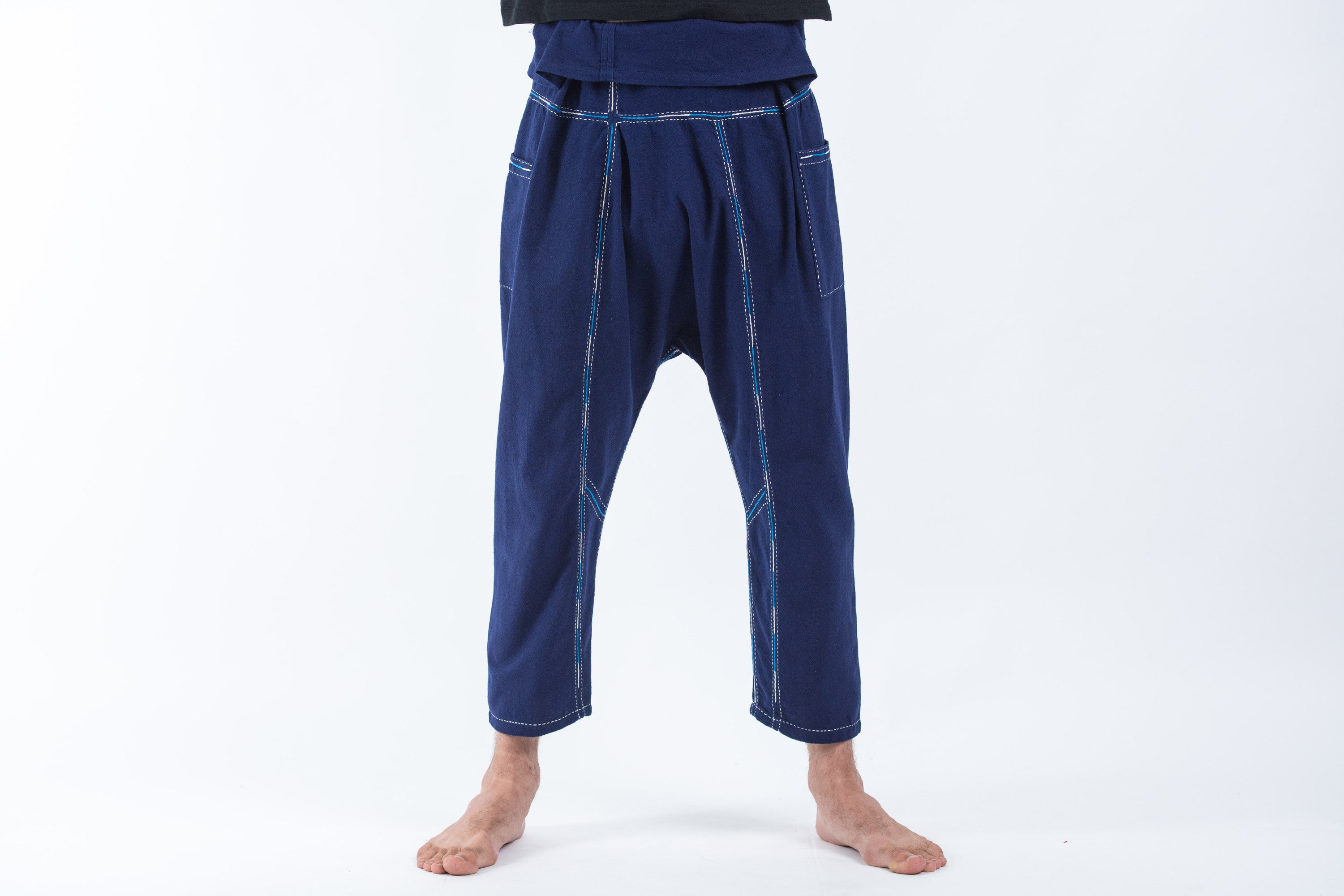 Hand Embroidered Men's Slim Cut Fisherman Pants in Navy