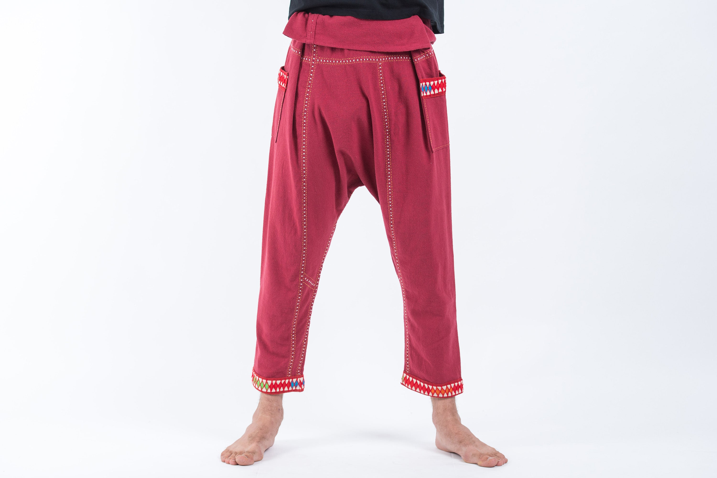 Hand Embroidered Men's Slim Cut Fisherman Pants in Red