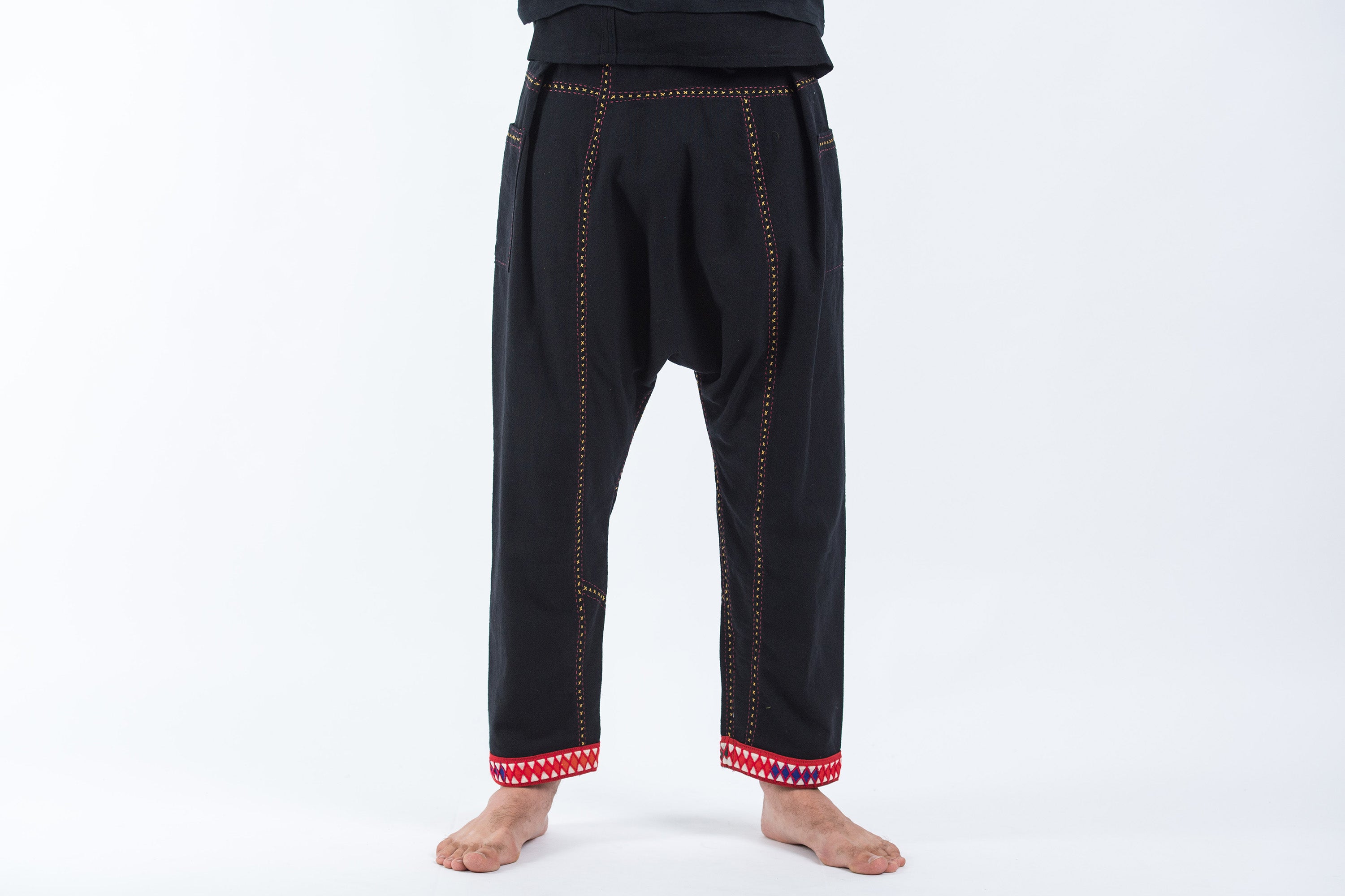 Hand Embroidered Men's Slim Cut Fisherman Pants in Black