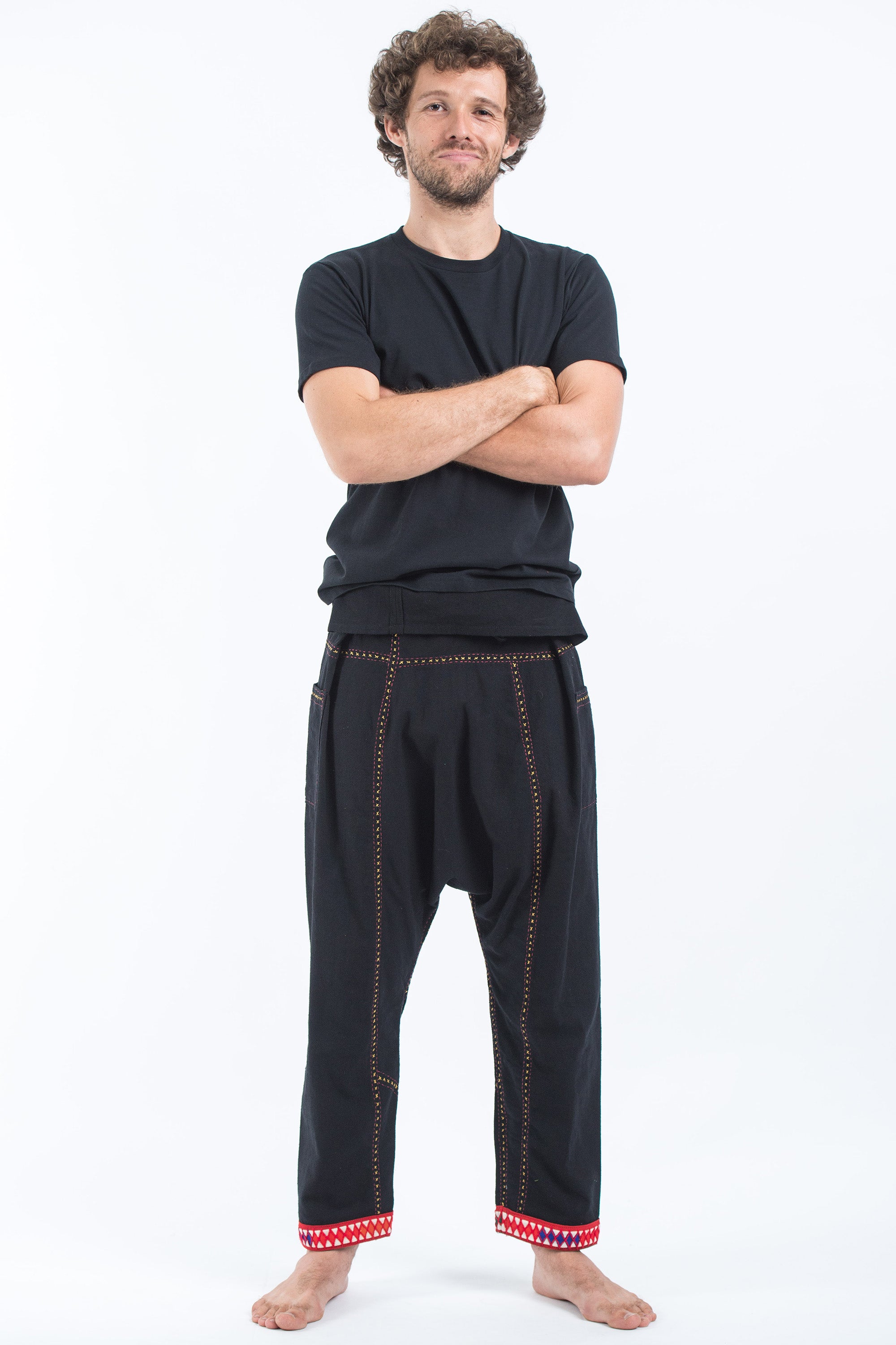 Hand Embroidered Men's Slim Cut Fisherman Pants in Black
