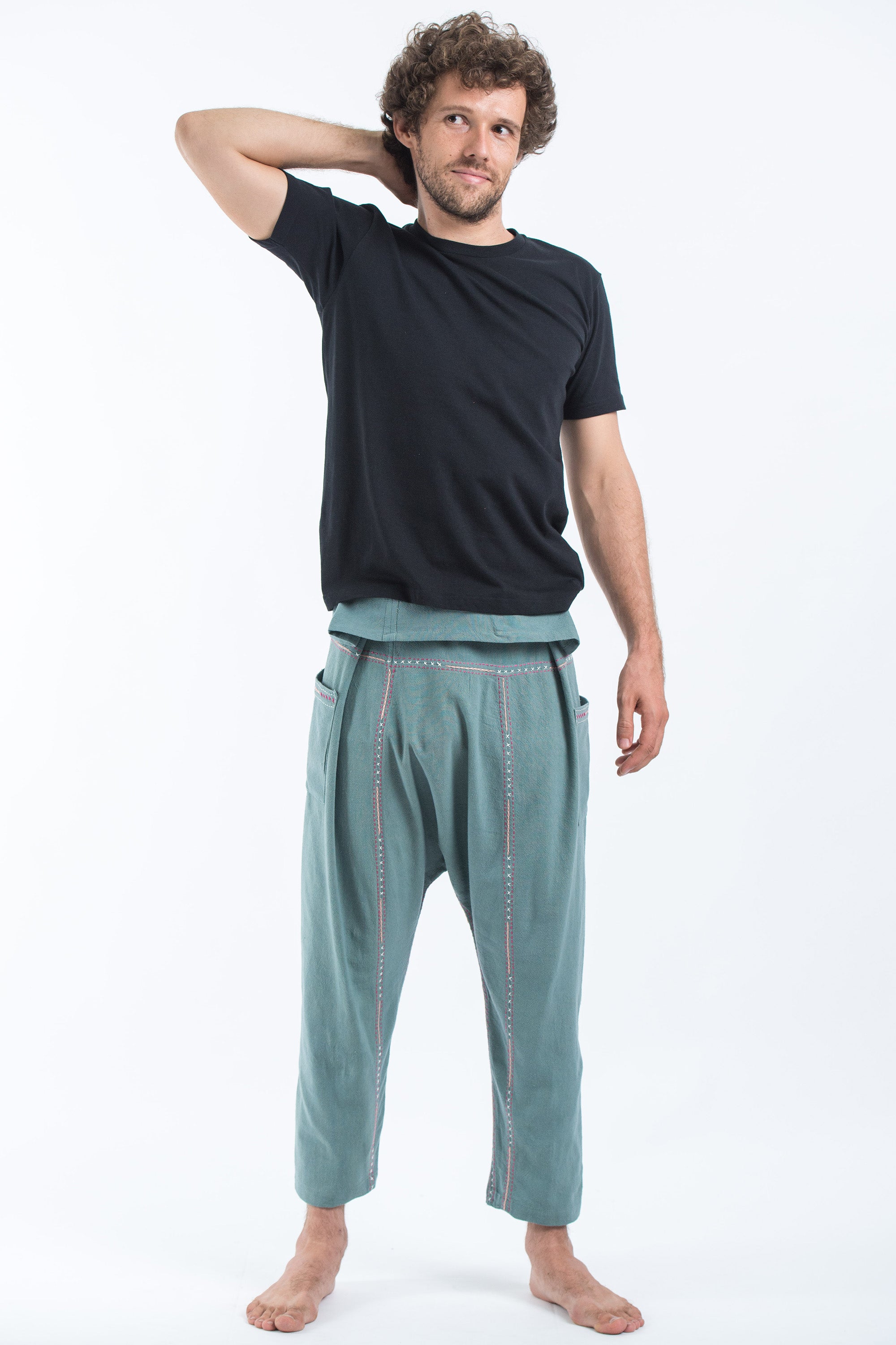 Hand Embroidered Men's Slim Cut Fisherman Pants in Teal