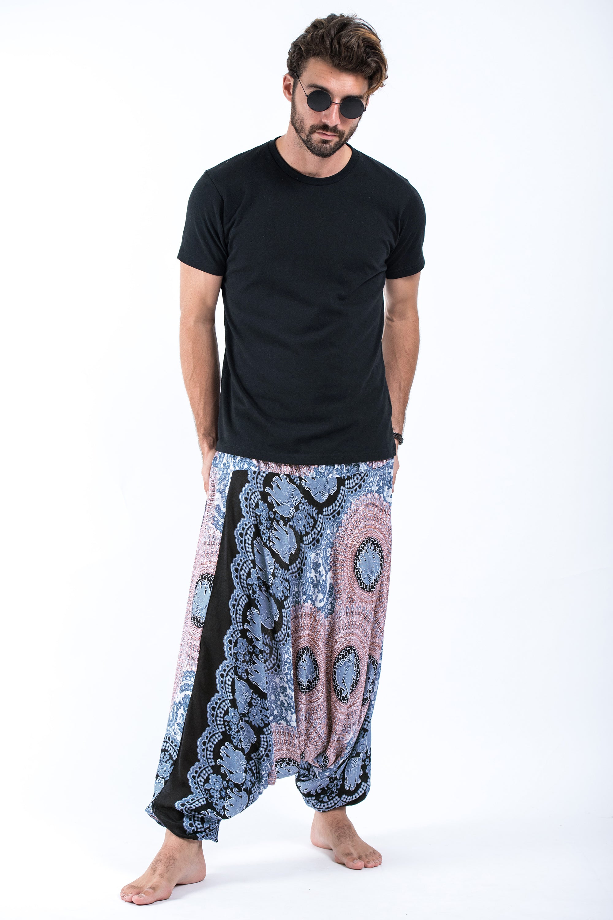 Mandala Elephant Drop Crotch Men's Elephant Pants in Silver Gray