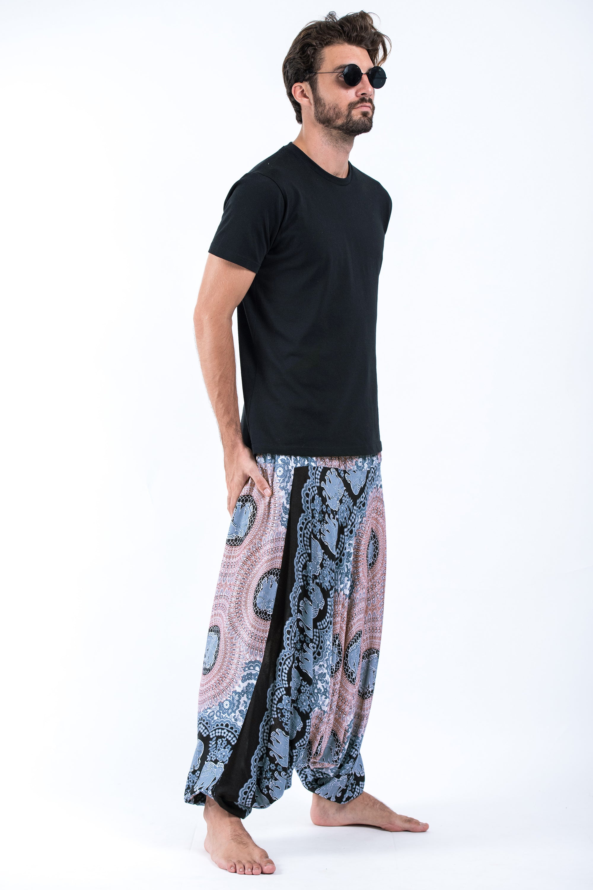 Mandala Elephant Drop Crotch Men's Elephant Pants in Silver Gray