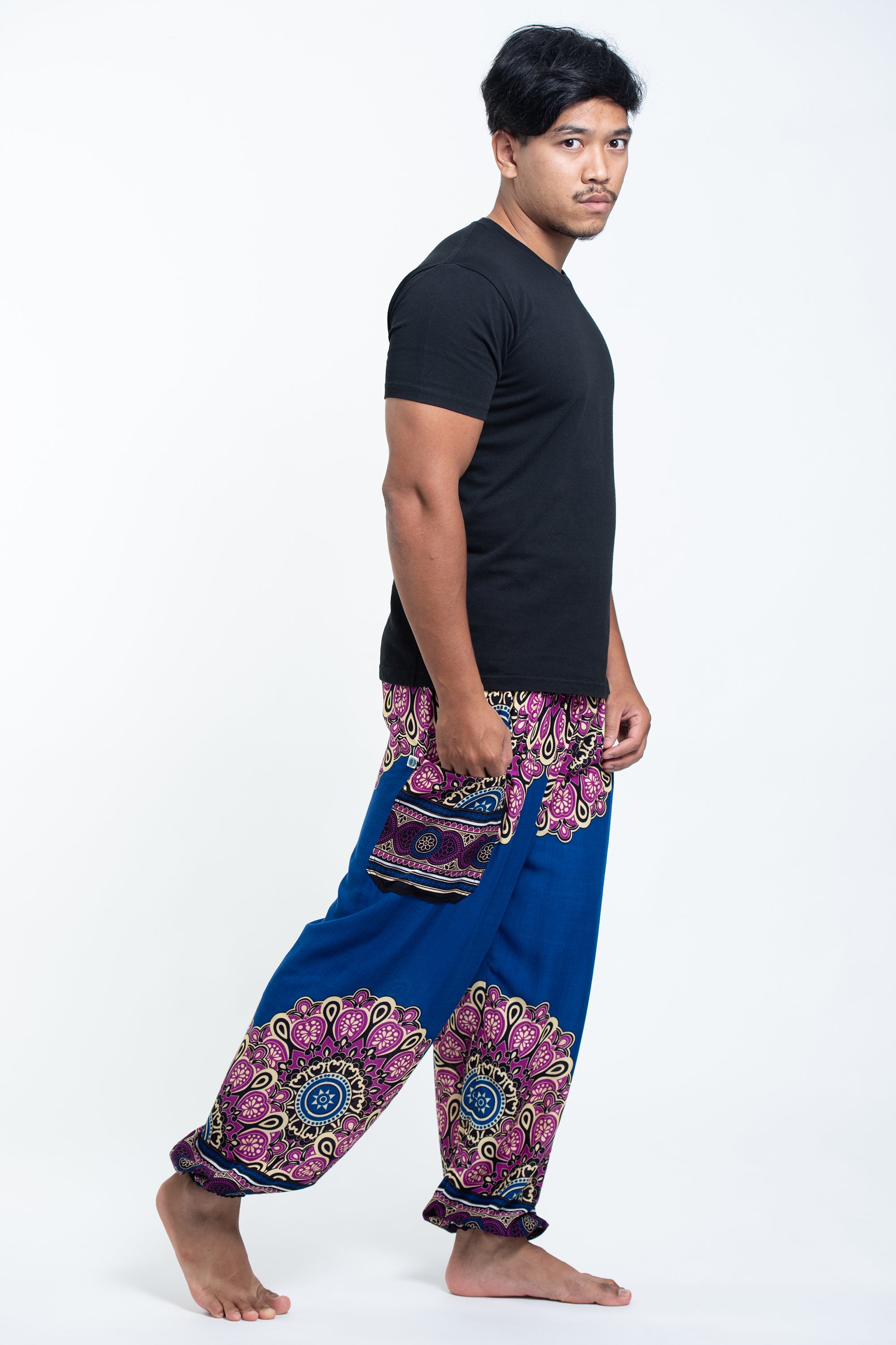 Peony Mandalas Men's Harem Pants in Blue