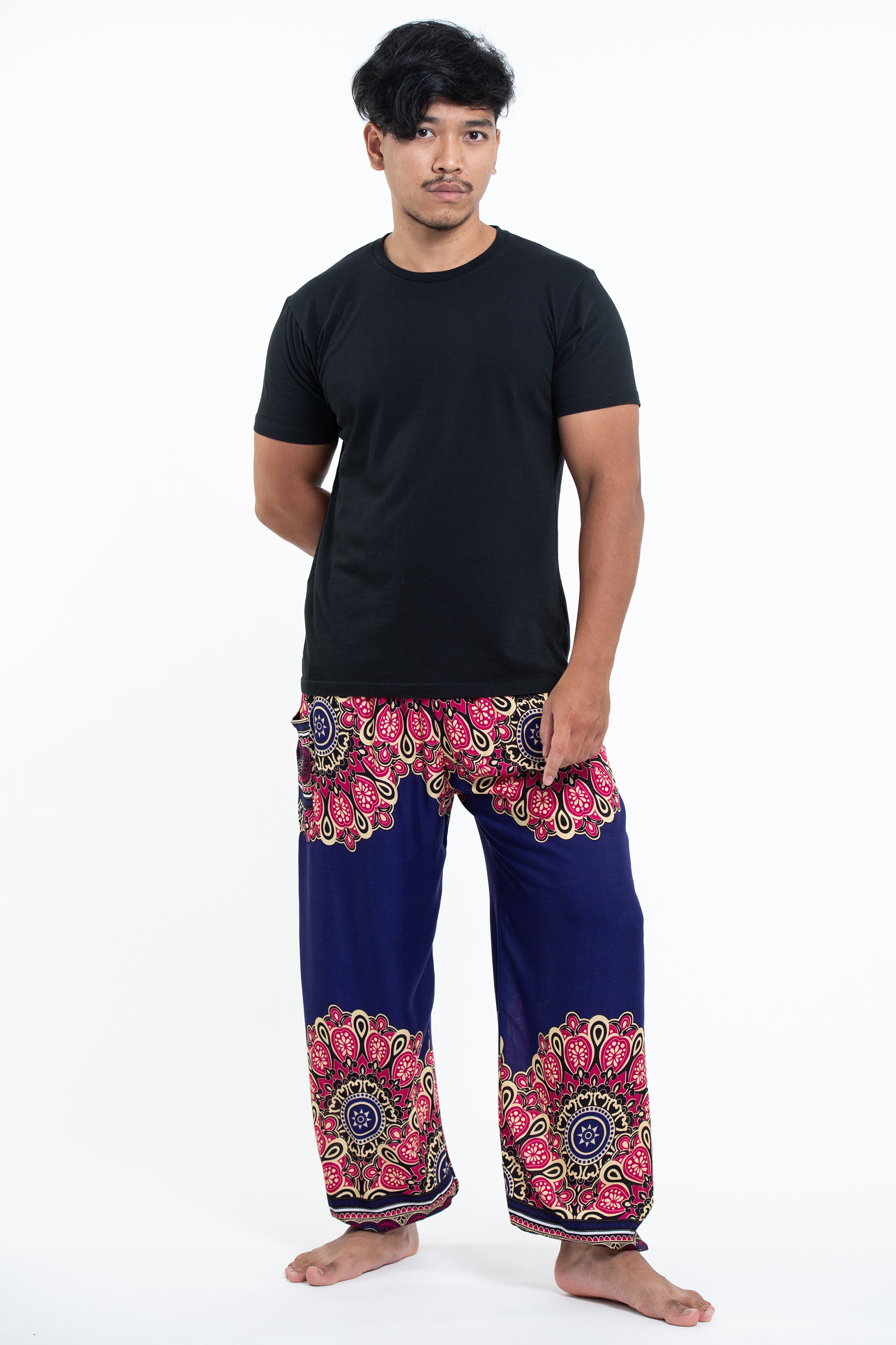 Peony Mandalas Men's Harem Pants in Indigo
