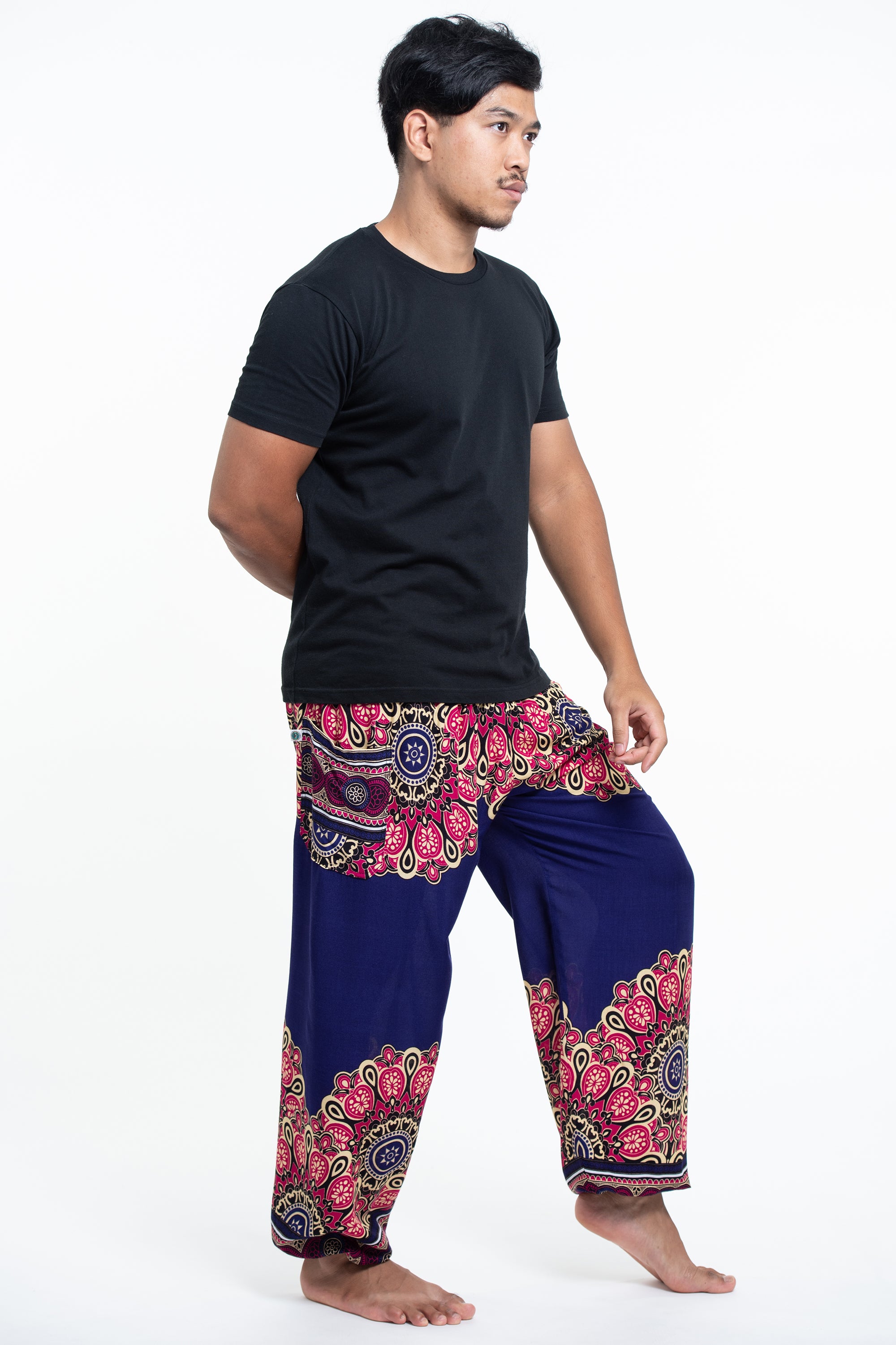 Peony Mandalas Men's Harem Pants in Indigo