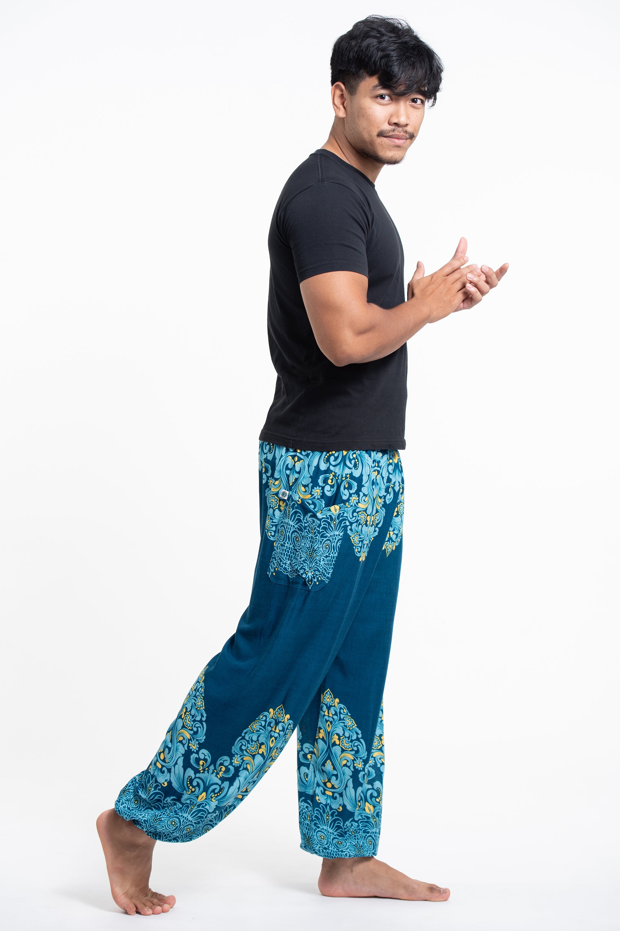 Floral Vines Men's Harem Pants in Turquoise