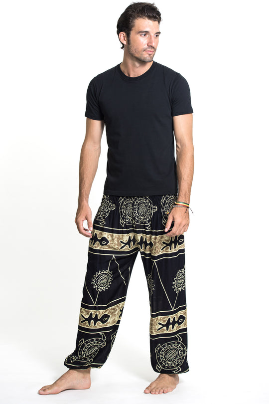 Turtle Print Men's Harem Pants in Gold