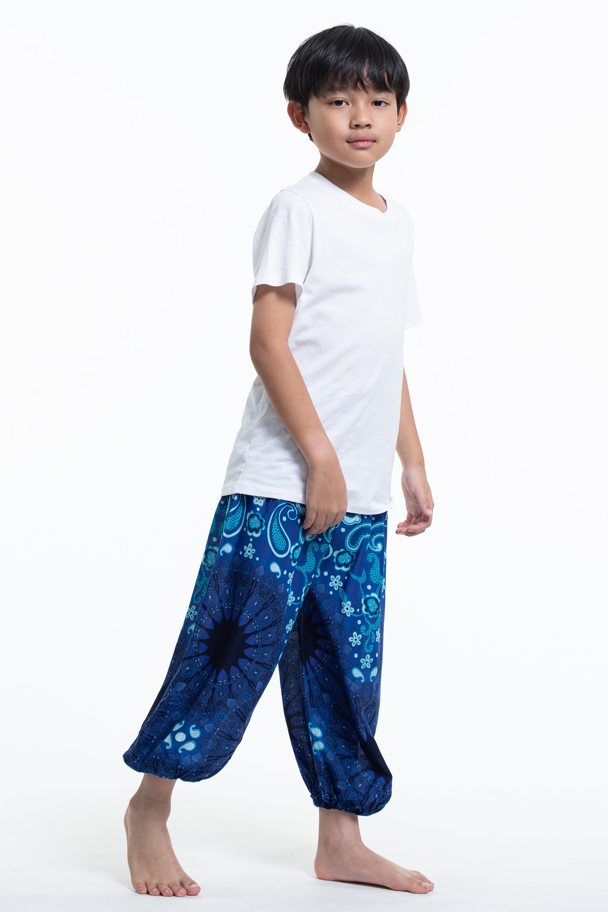 Paisley Mandalas Kids Harem Pants in Blue