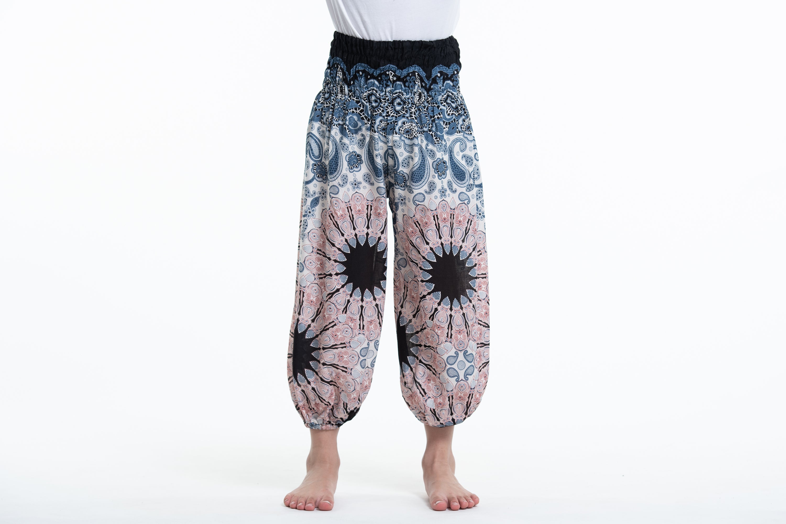 Paisley Mandalas Kids Harem Pants in Silver Gray