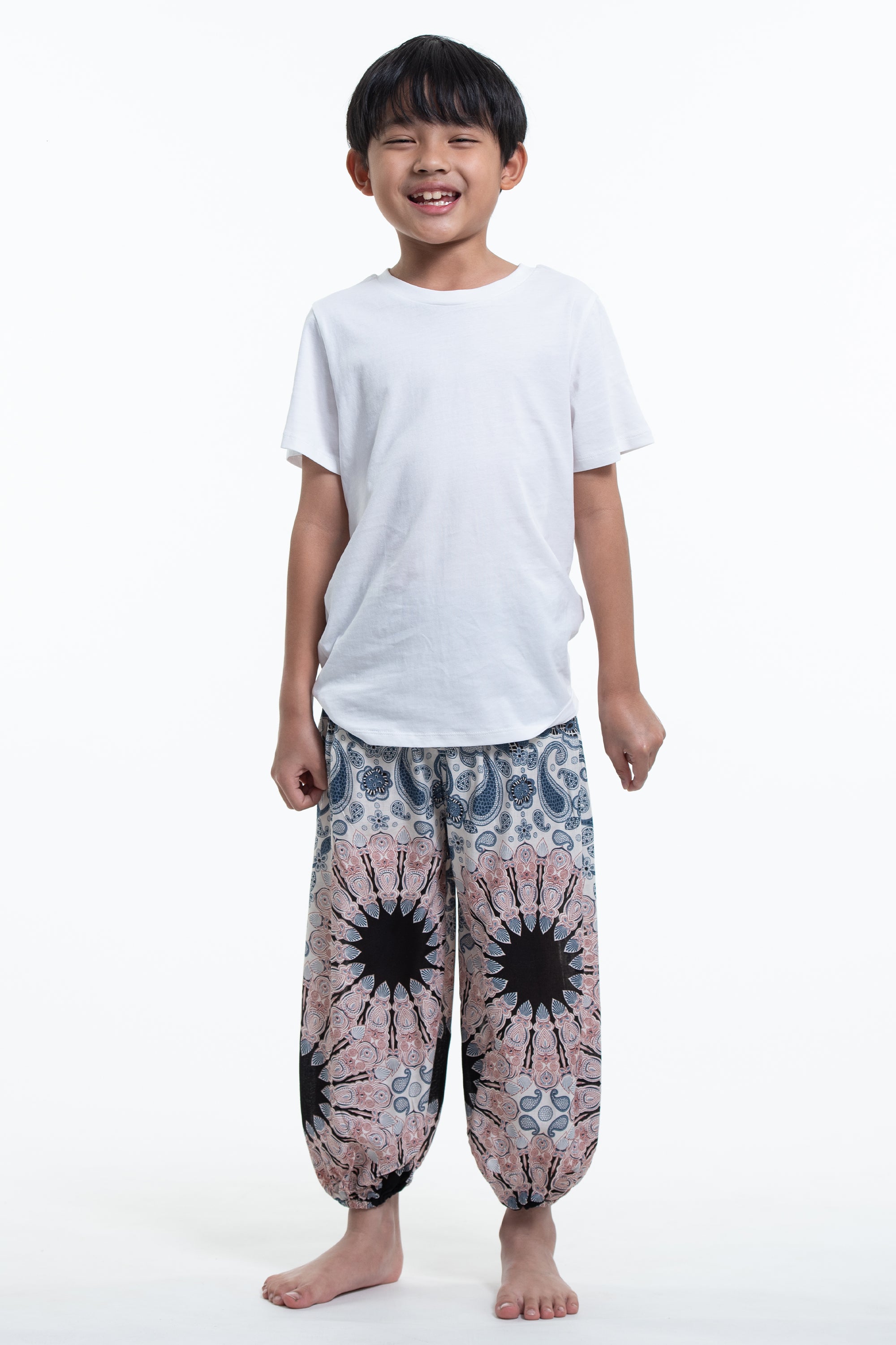 Paisley Mandalas Kids Harem Pants in Silver Gray