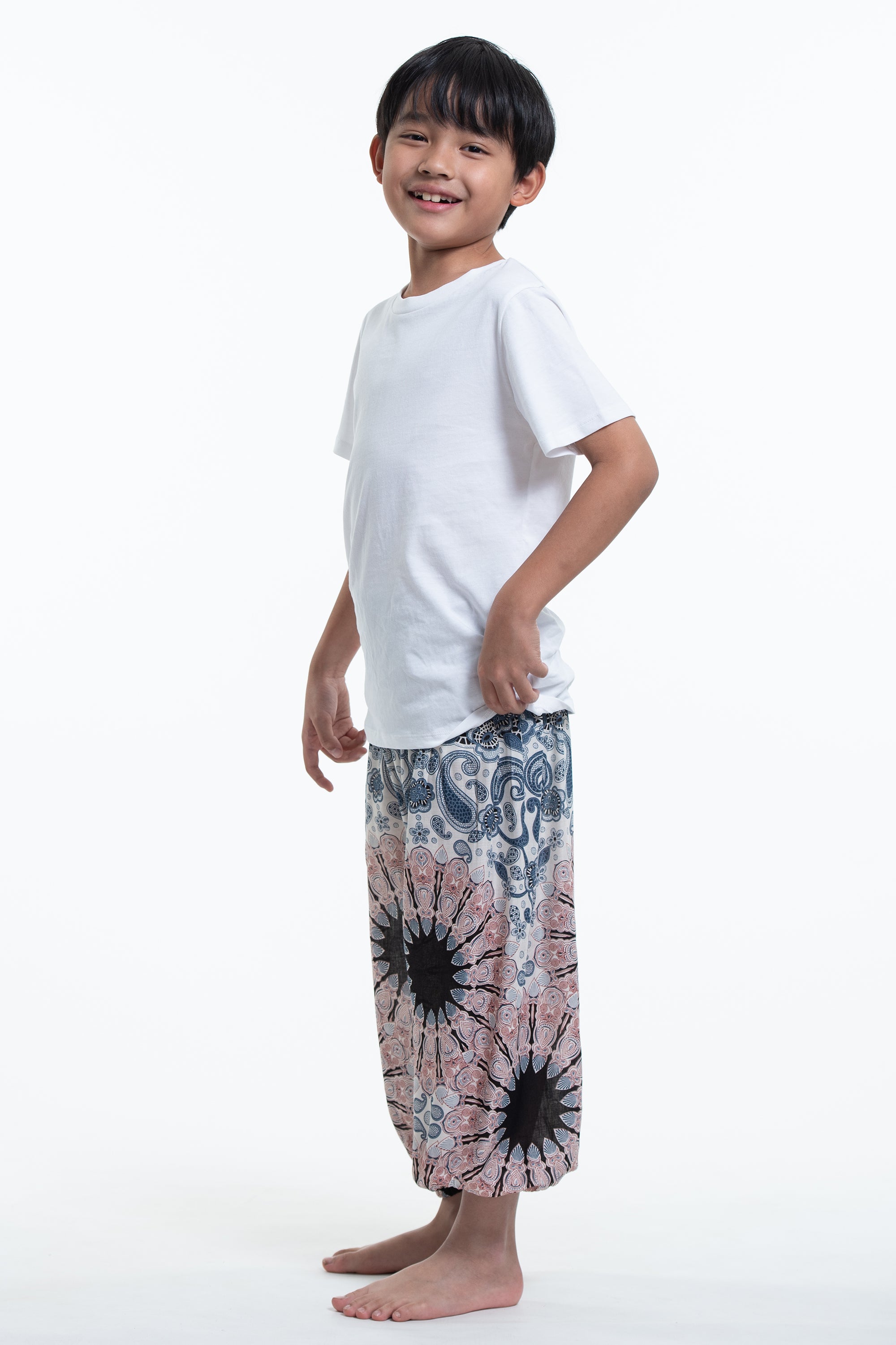 Paisley Mandalas Kids Harem Pants in Silver Gray