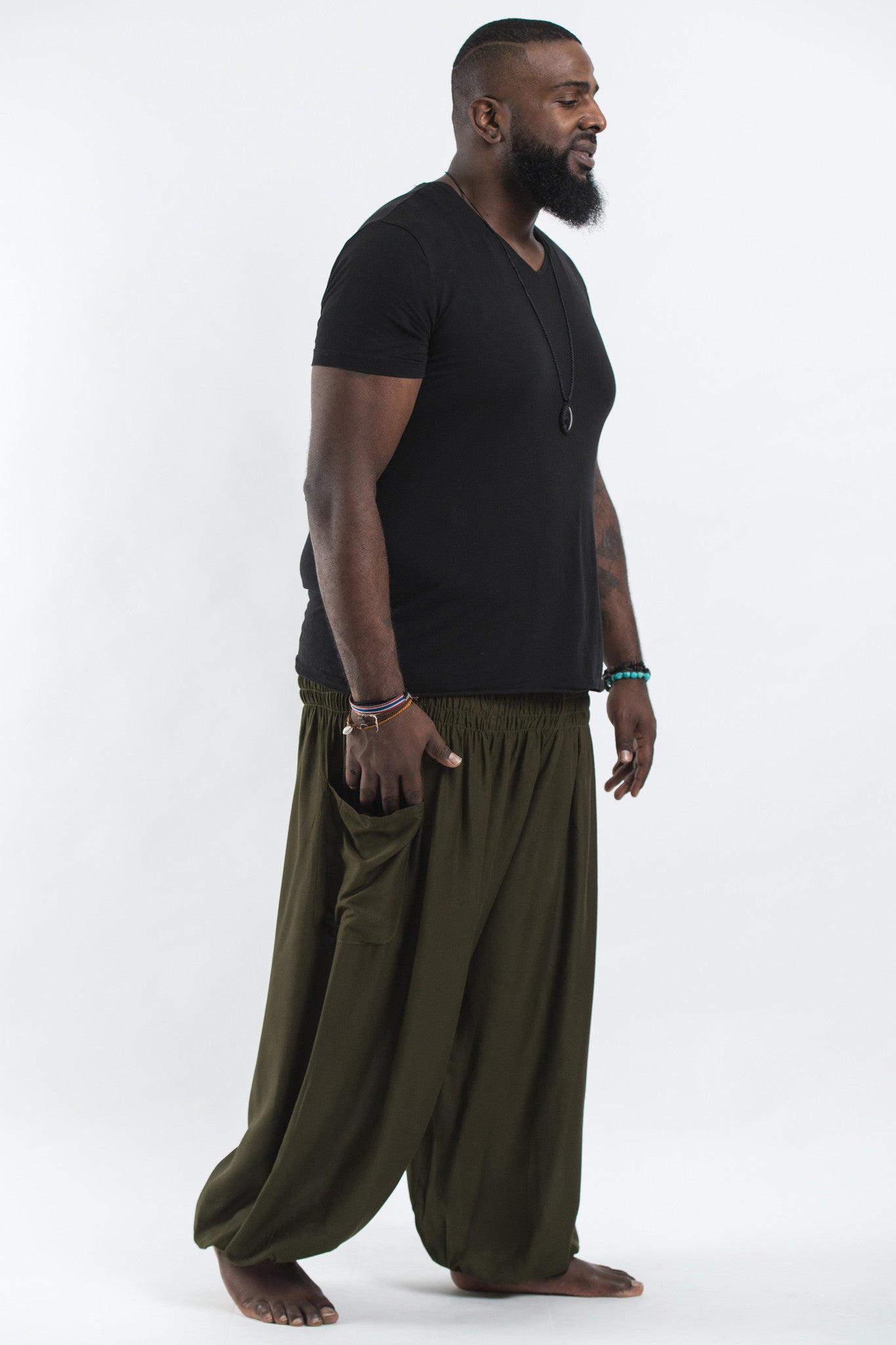 Plus Size Solid Color Men's Harem Pants in Green
