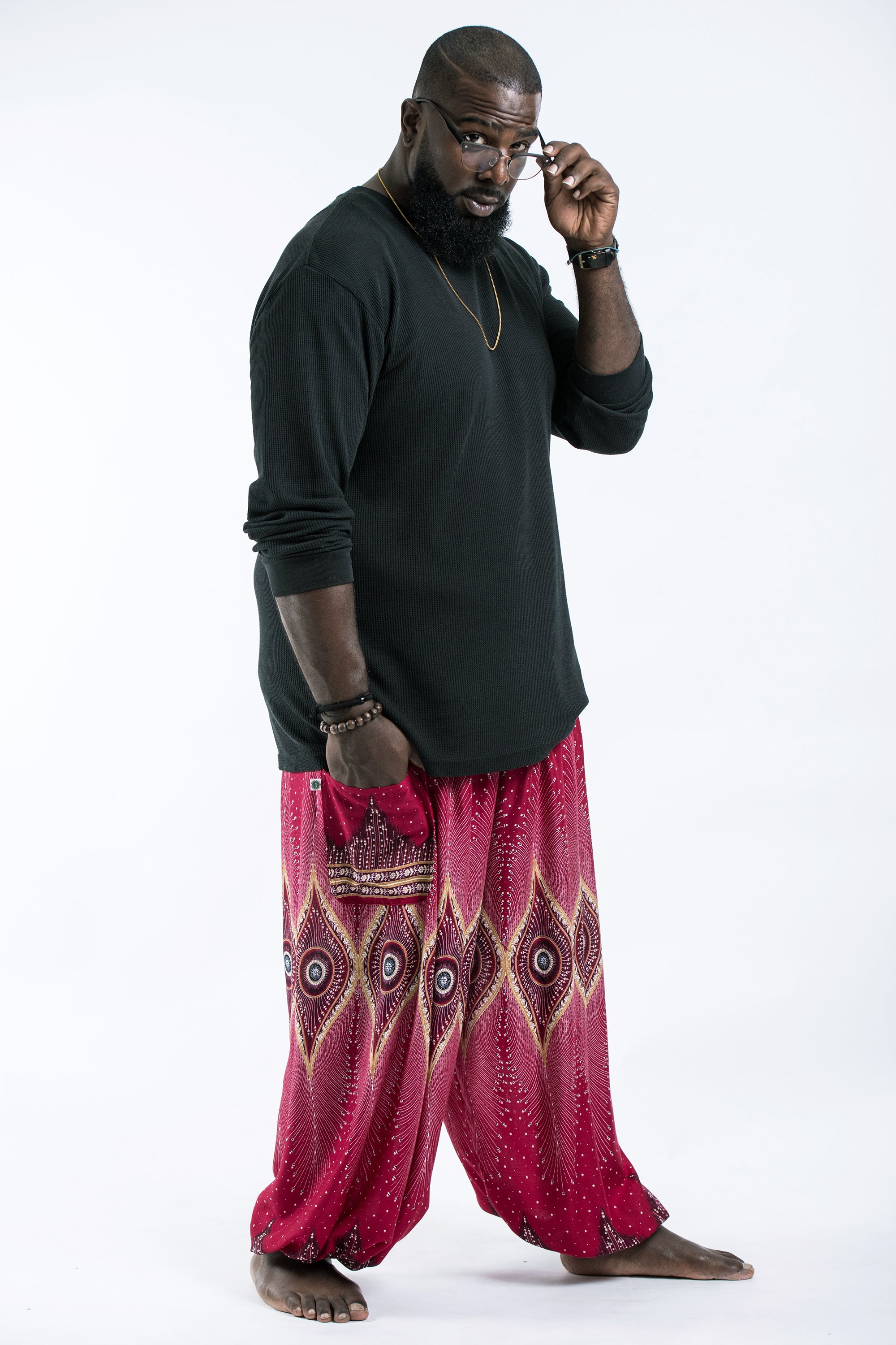 Plus Size Diamond Peacock Men's Harem Pants in Red