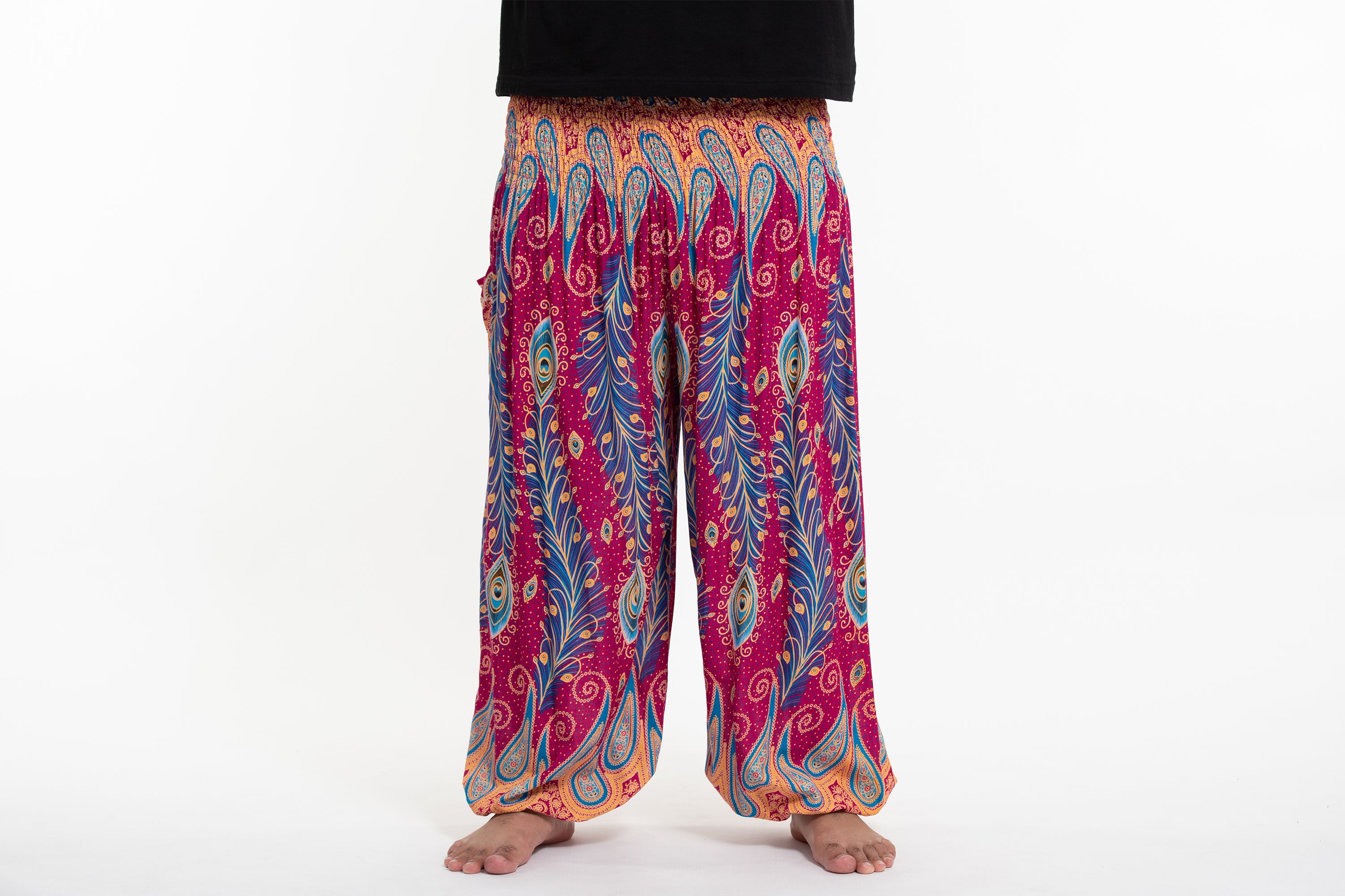 Plus Size Peacock Paisley Men's Harem Pants in Pink
