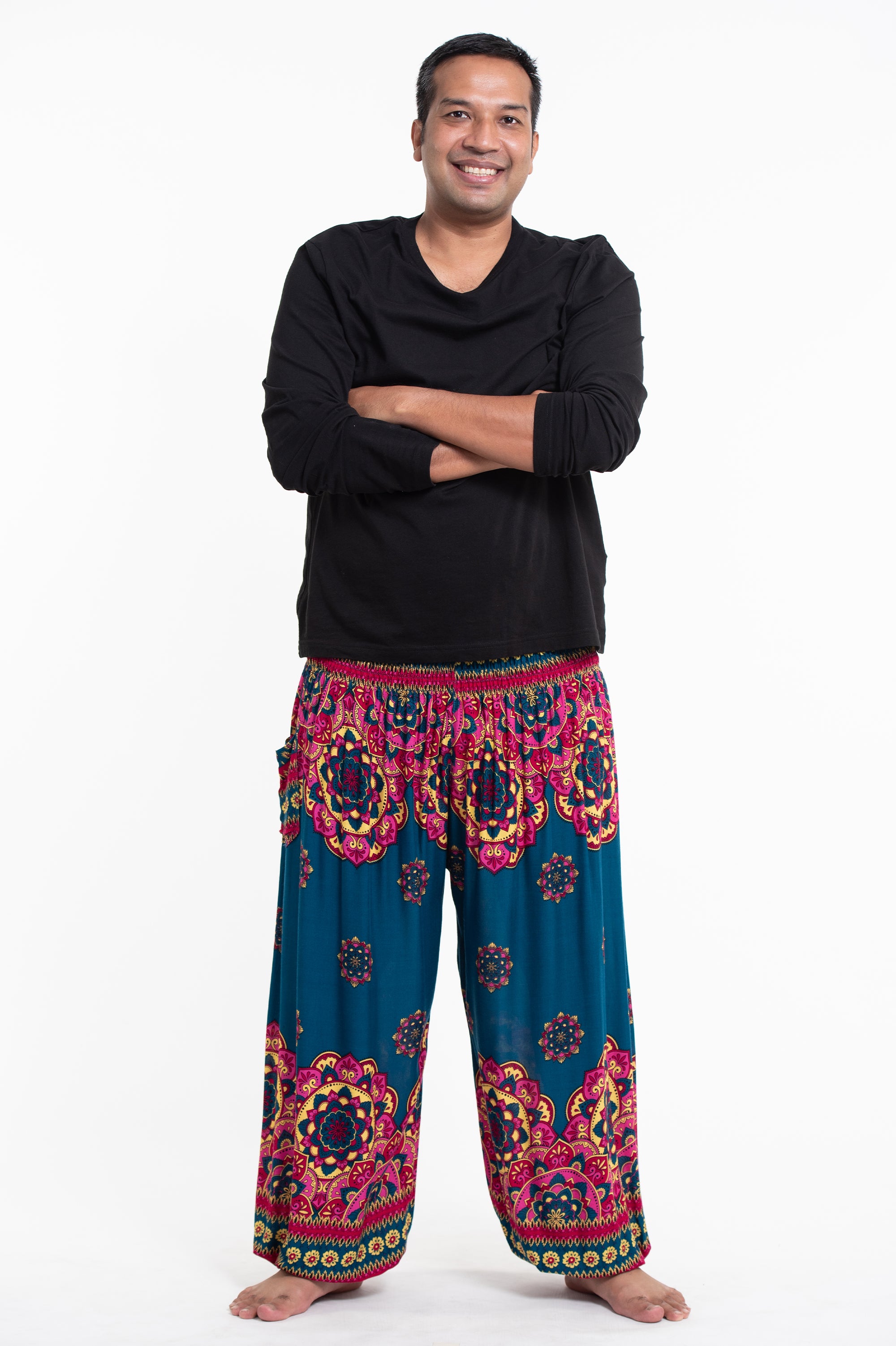 Plus Size Lotus Mandalas Men's Harem Pants in Turquoise