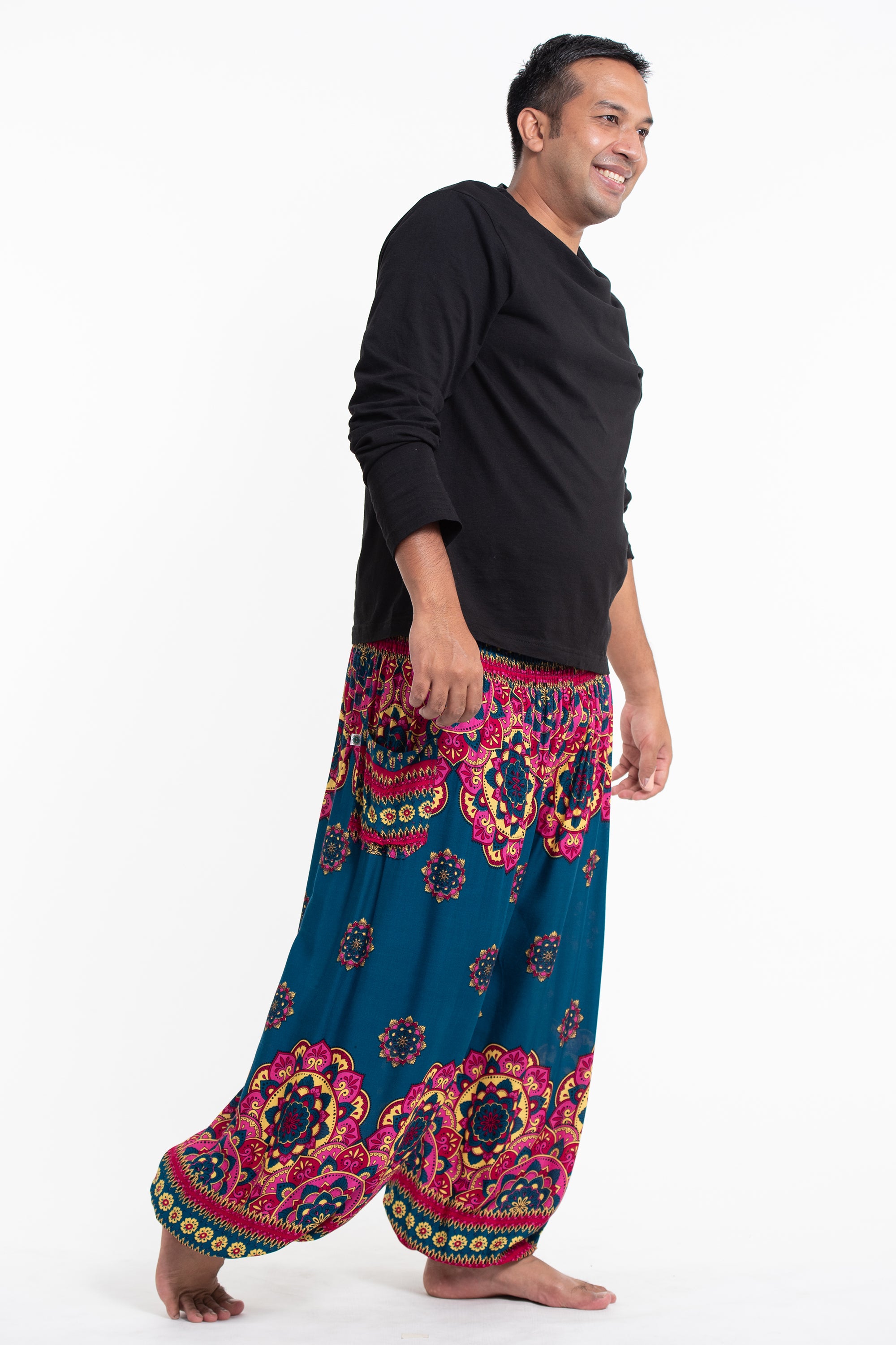 Plus Size Lotus Mandalas Men's Harem Pants in Turquoise