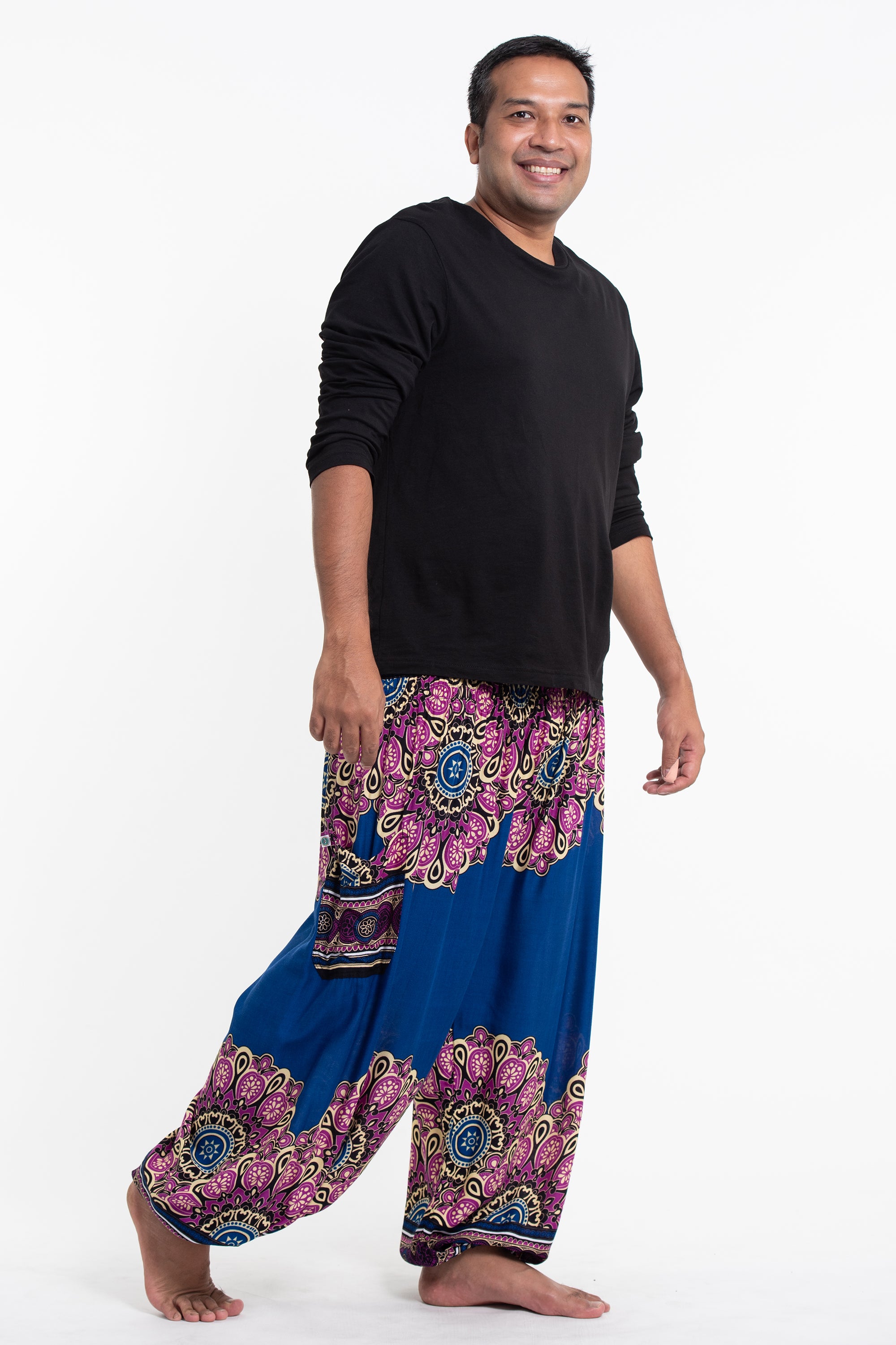 Plus Size Peony Mandalas Men's Harem Pants in Blue