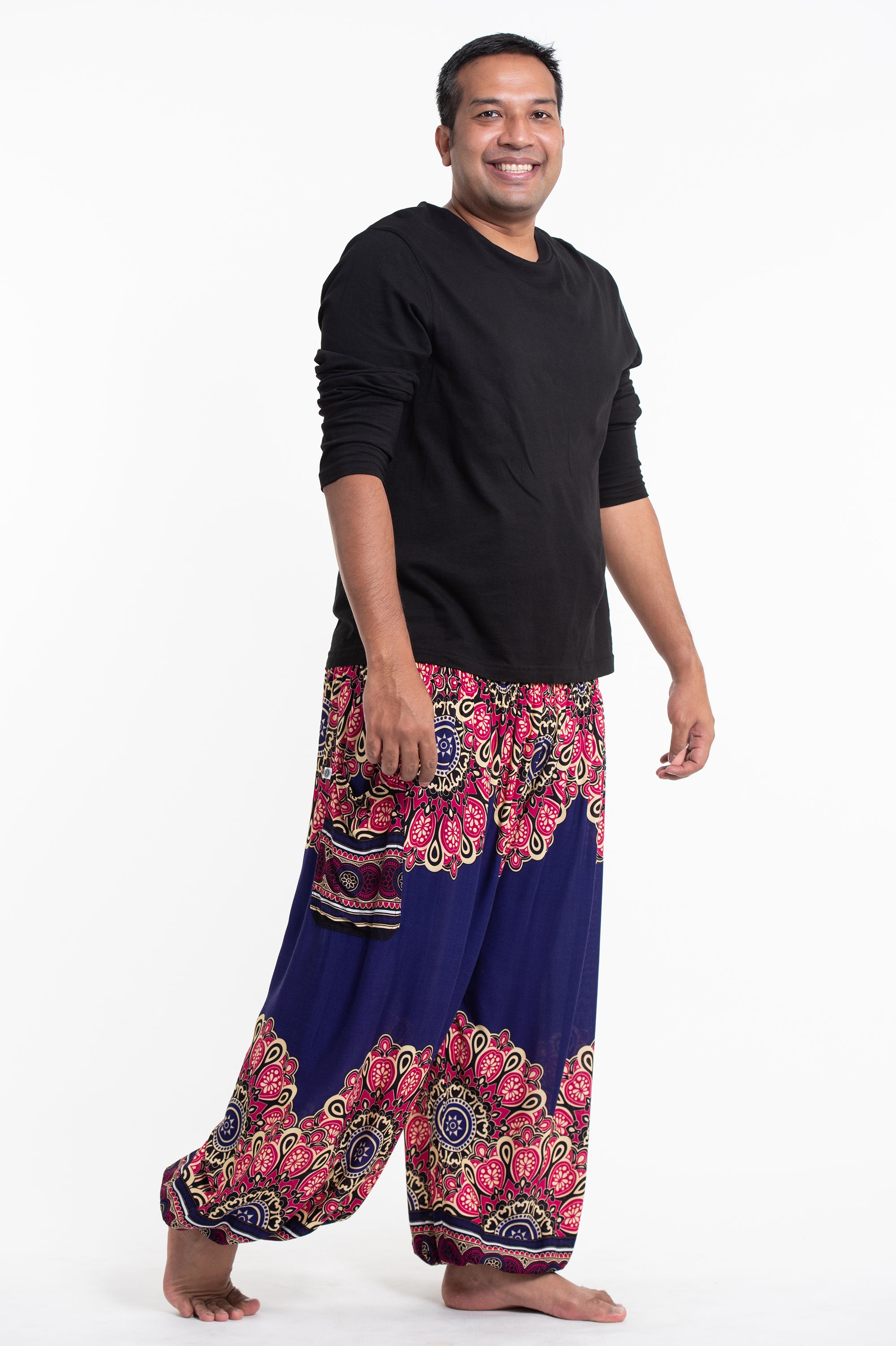 Plus Size Peony Mandalas Men's Harem Pants in Indigo