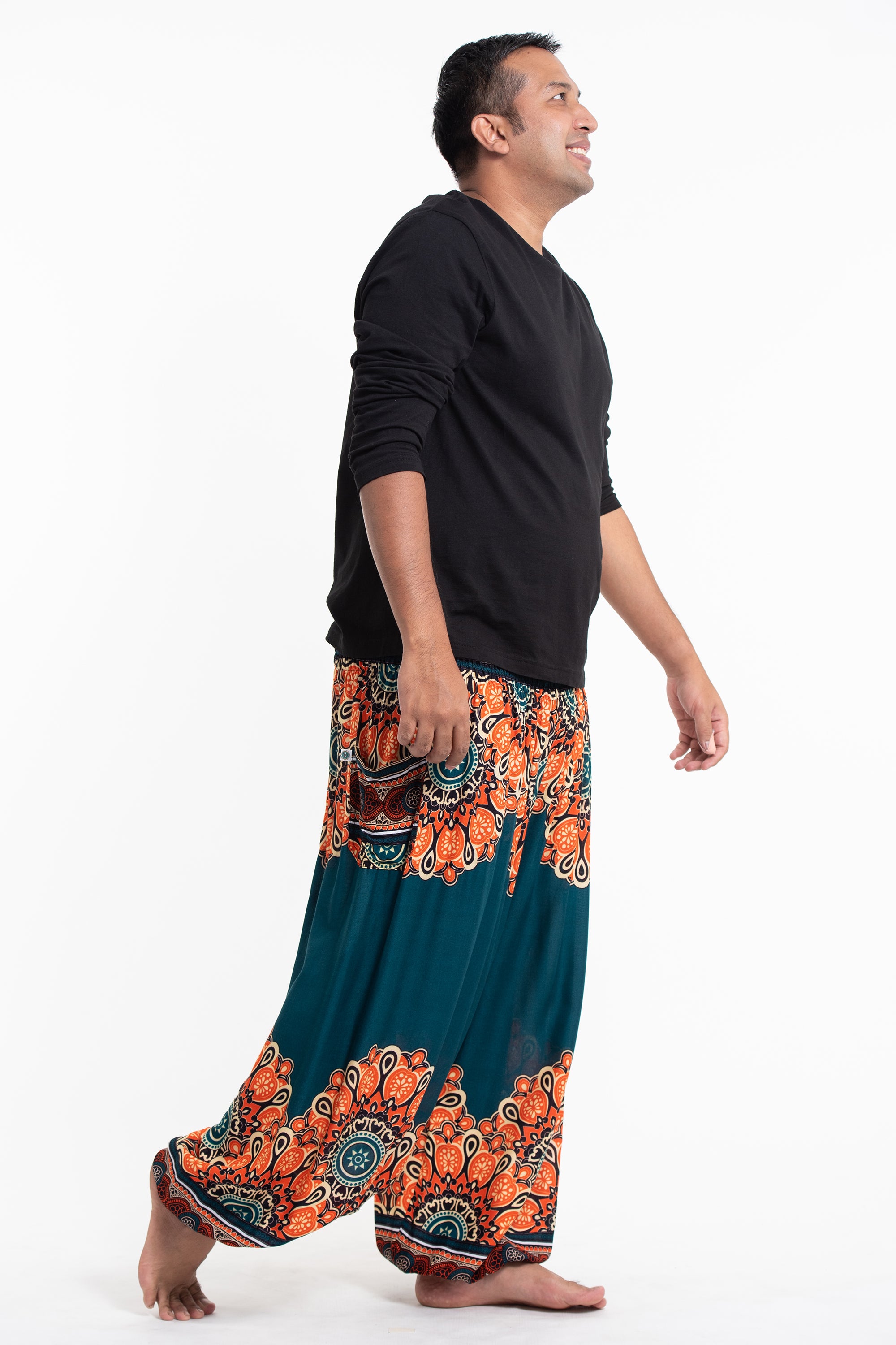 Plus Size Peony Mandalas Men's Harem Pants in Teal