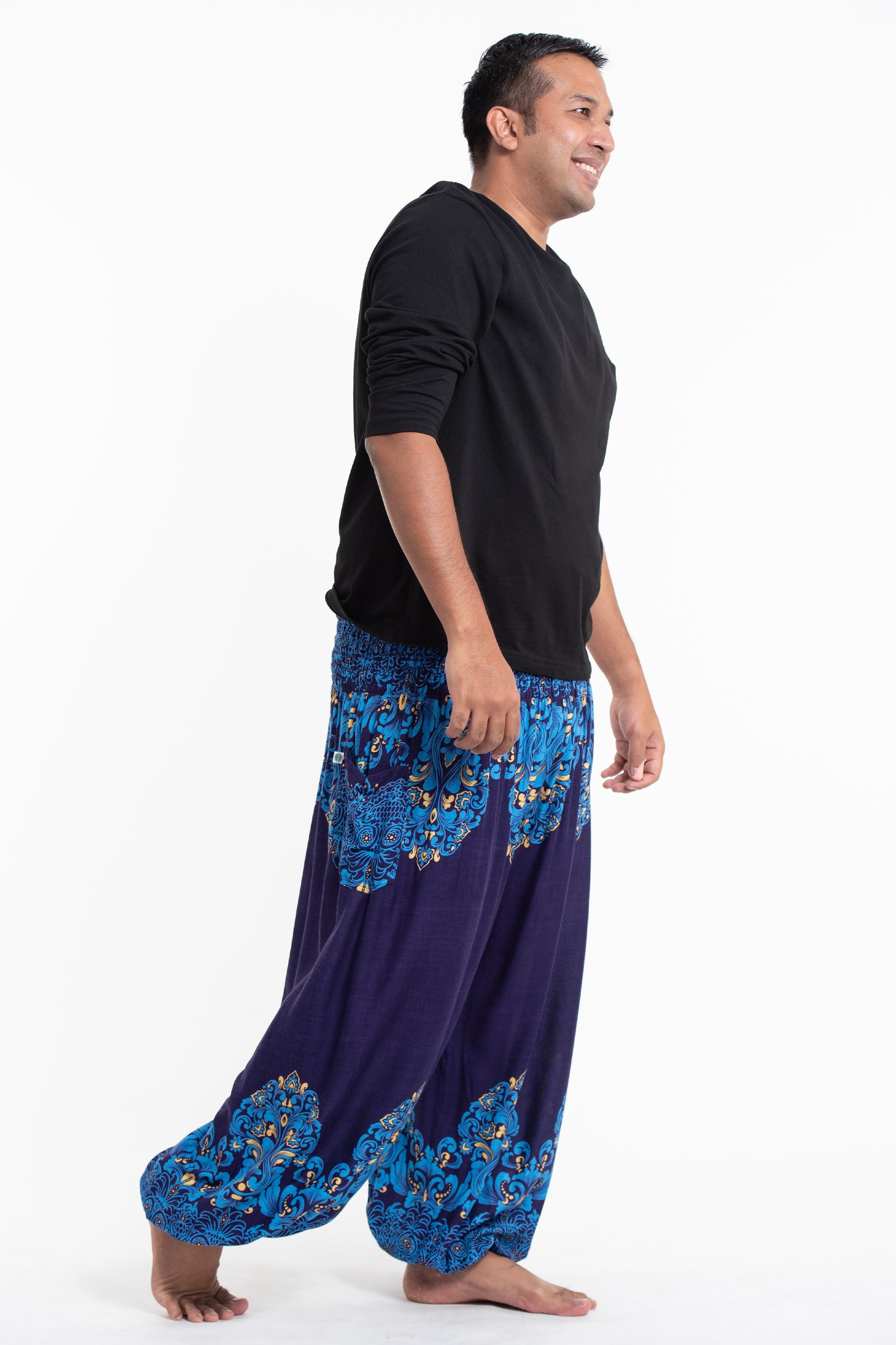 Plus Size Floral Vines Men's Harem Pants in Blue