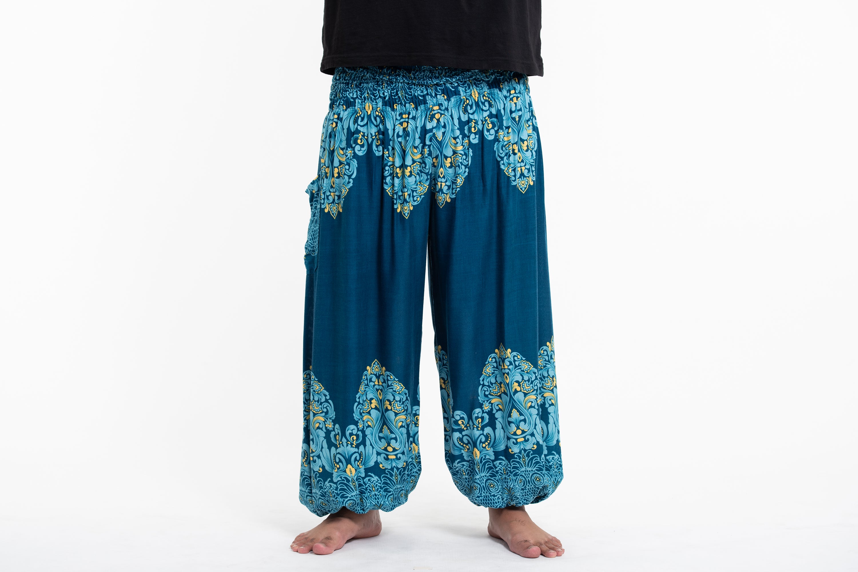 Plus Size Floral Vines Men's Harem Pants in Turquoise