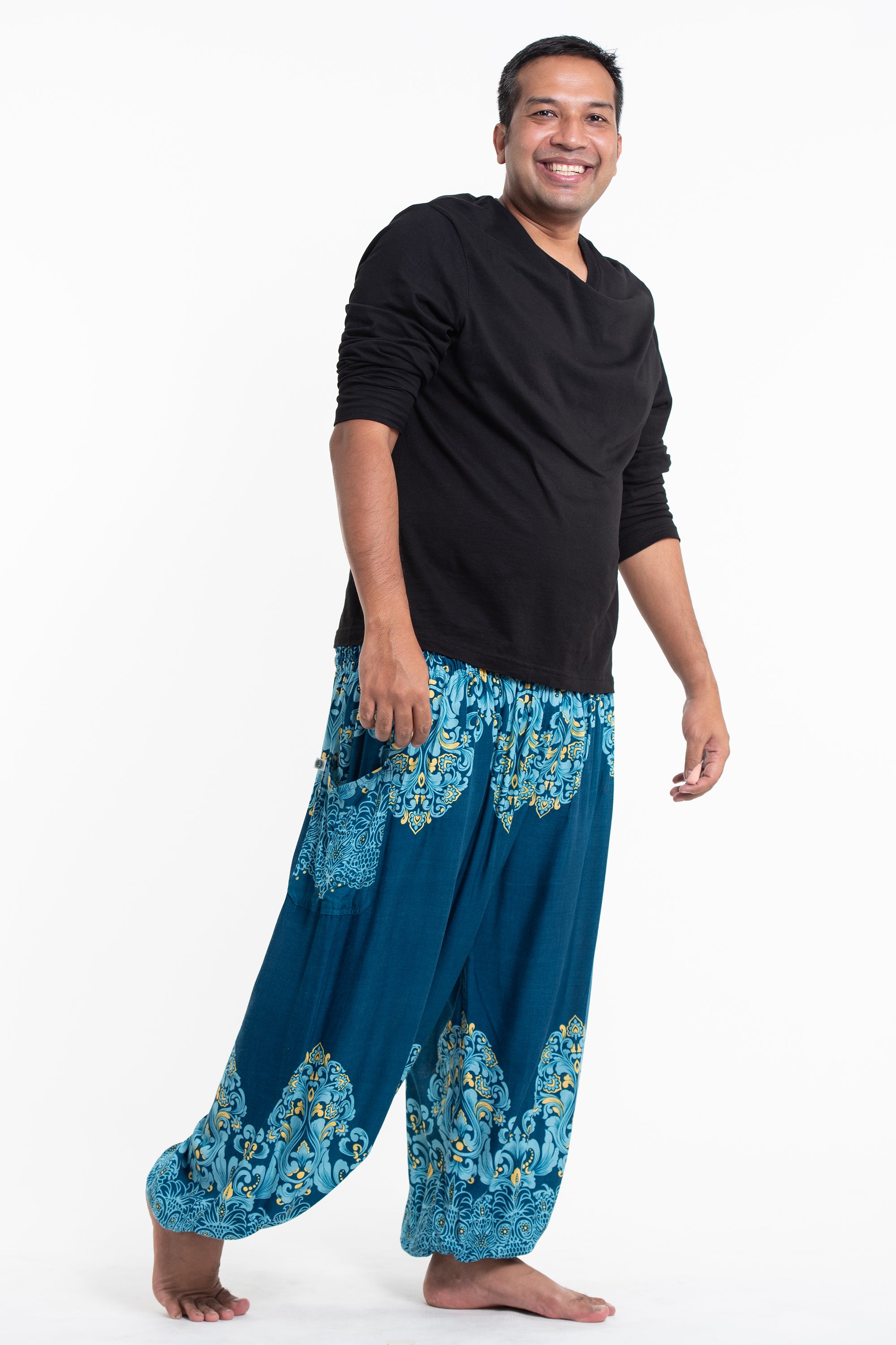 Plus Size Floral Vines Men's Harem Pants in Turquoise
