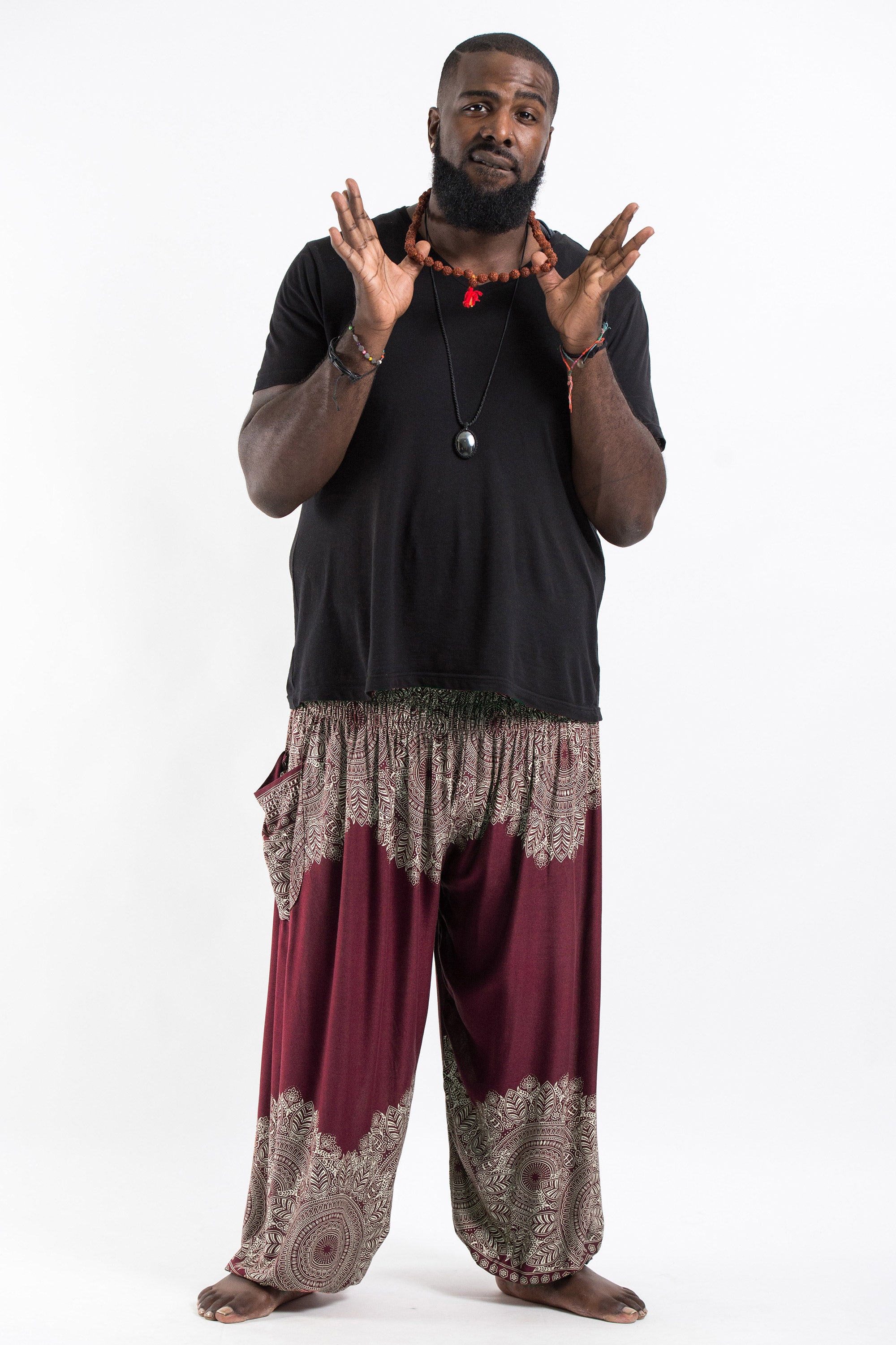 Plus Size Floral Mandalas Men's Harem Pants in Maroon