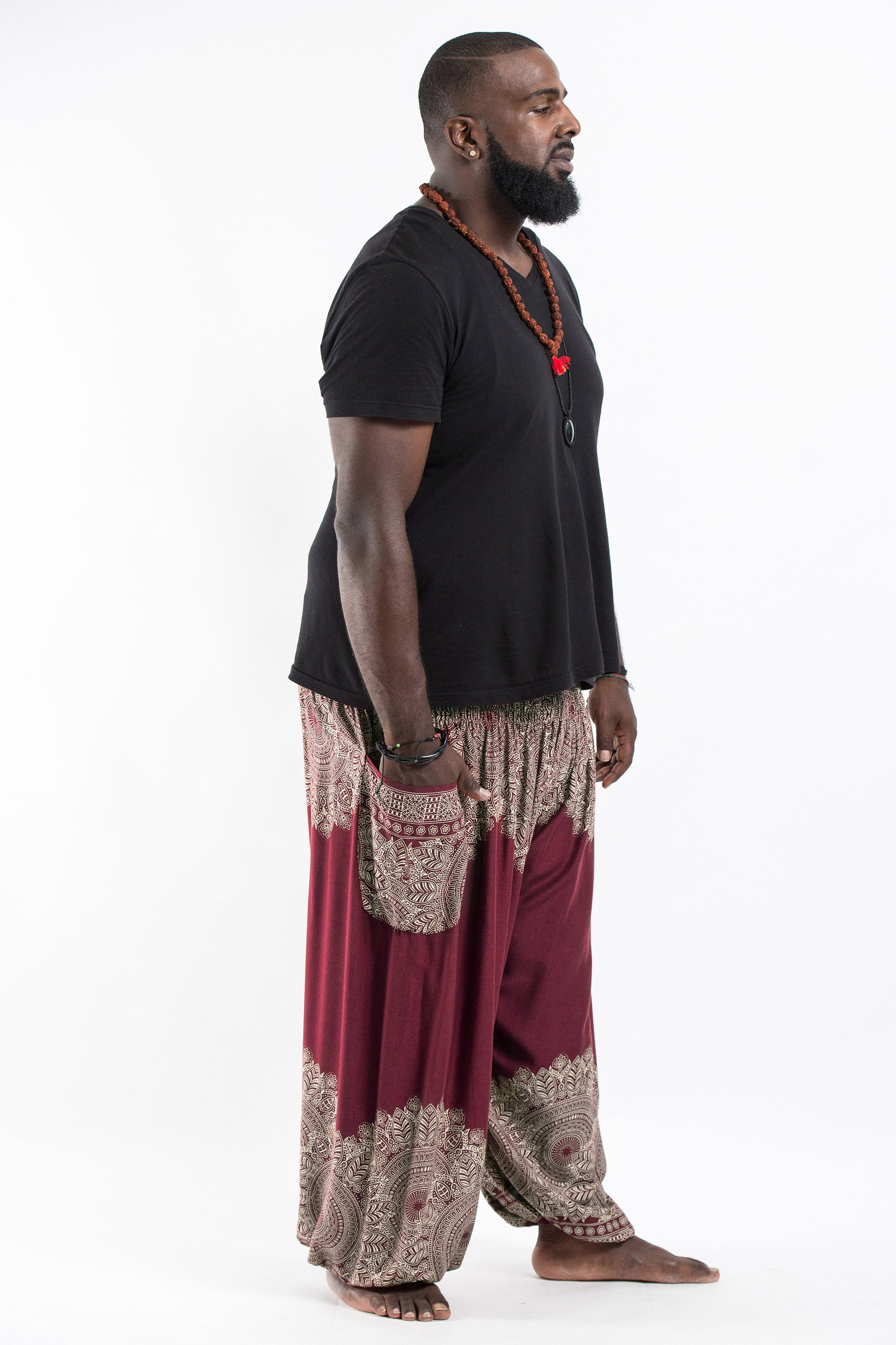 Plus Size Floral Mandalas Men's Harem Pants in Maroon