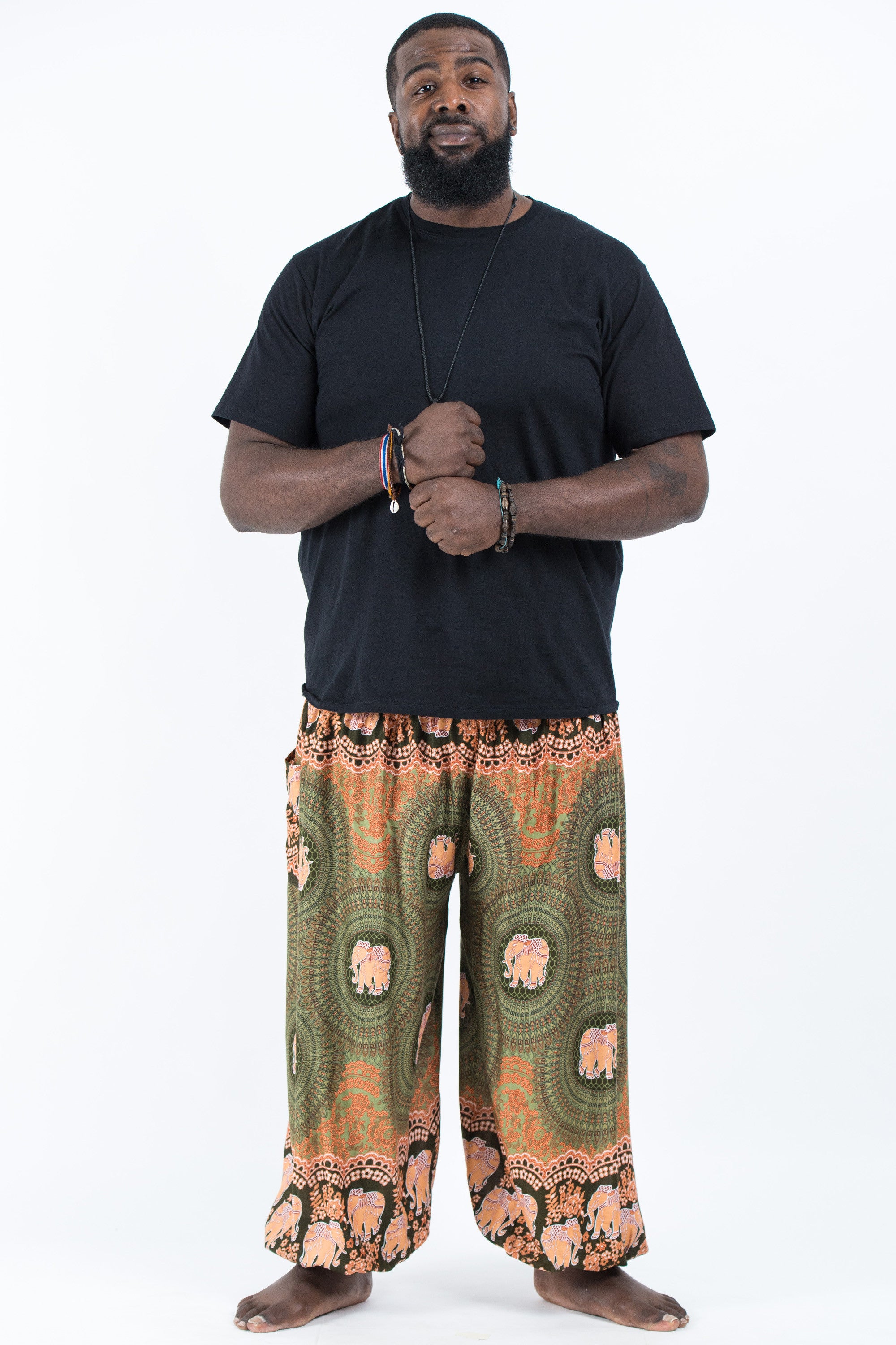 Plus Size Mandala Elephant Men's Elephant Pants in Olive