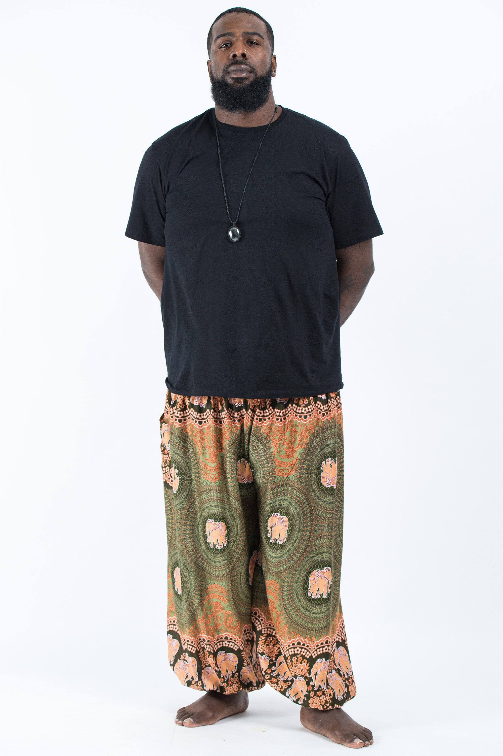 Plus Size Mandala Elephant Men's Elephant Pants in Olive