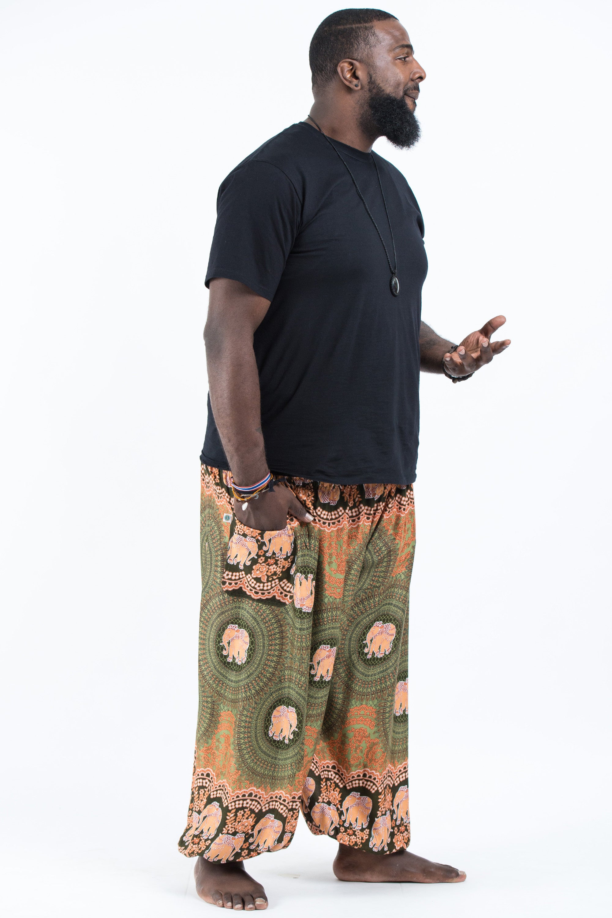 Plus Size Mandala Elephant Men's Elephant Pants in Olive