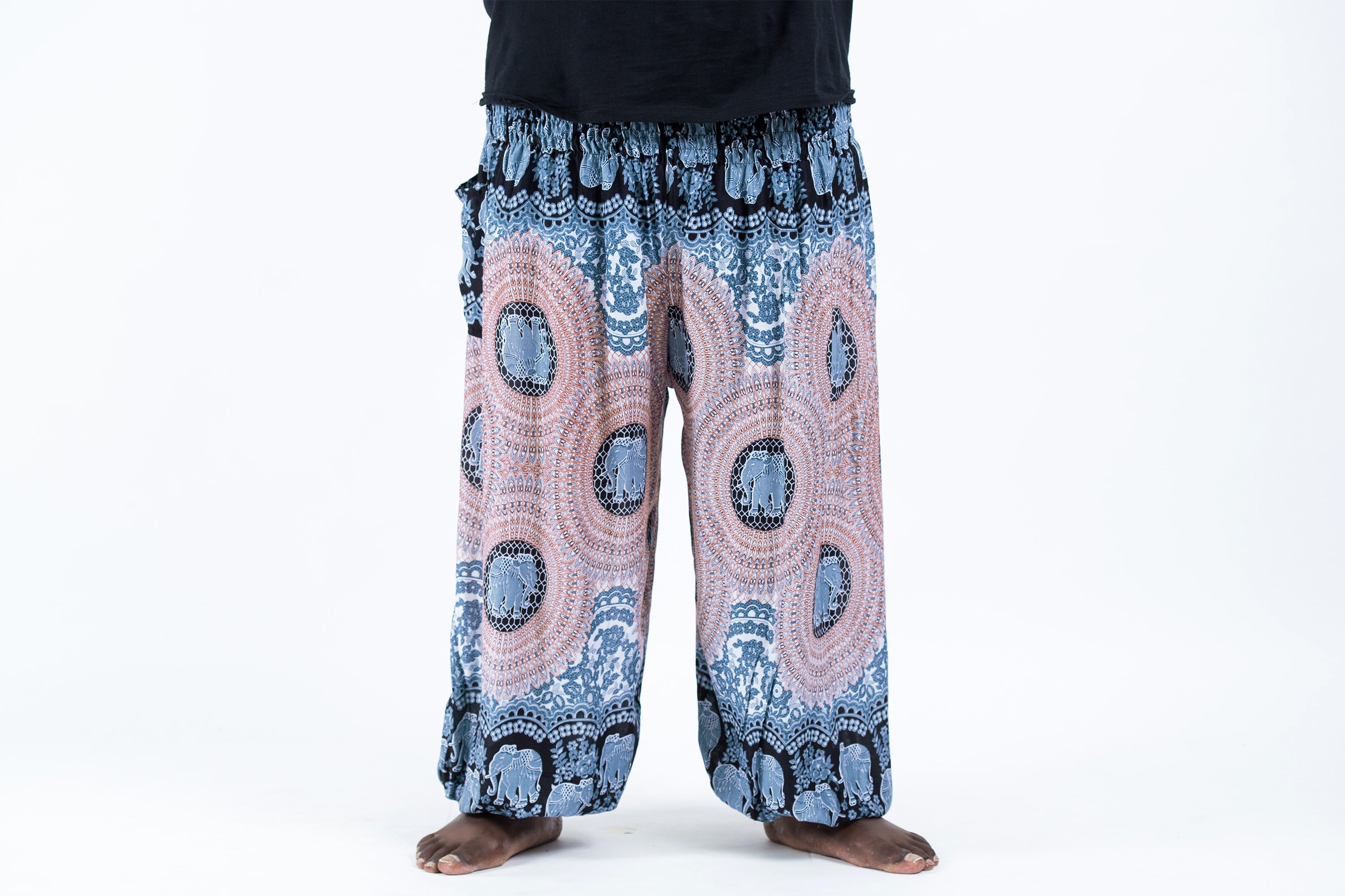 Plus Size Mandala Elephant Men's Elephant Pants in Silver Gray