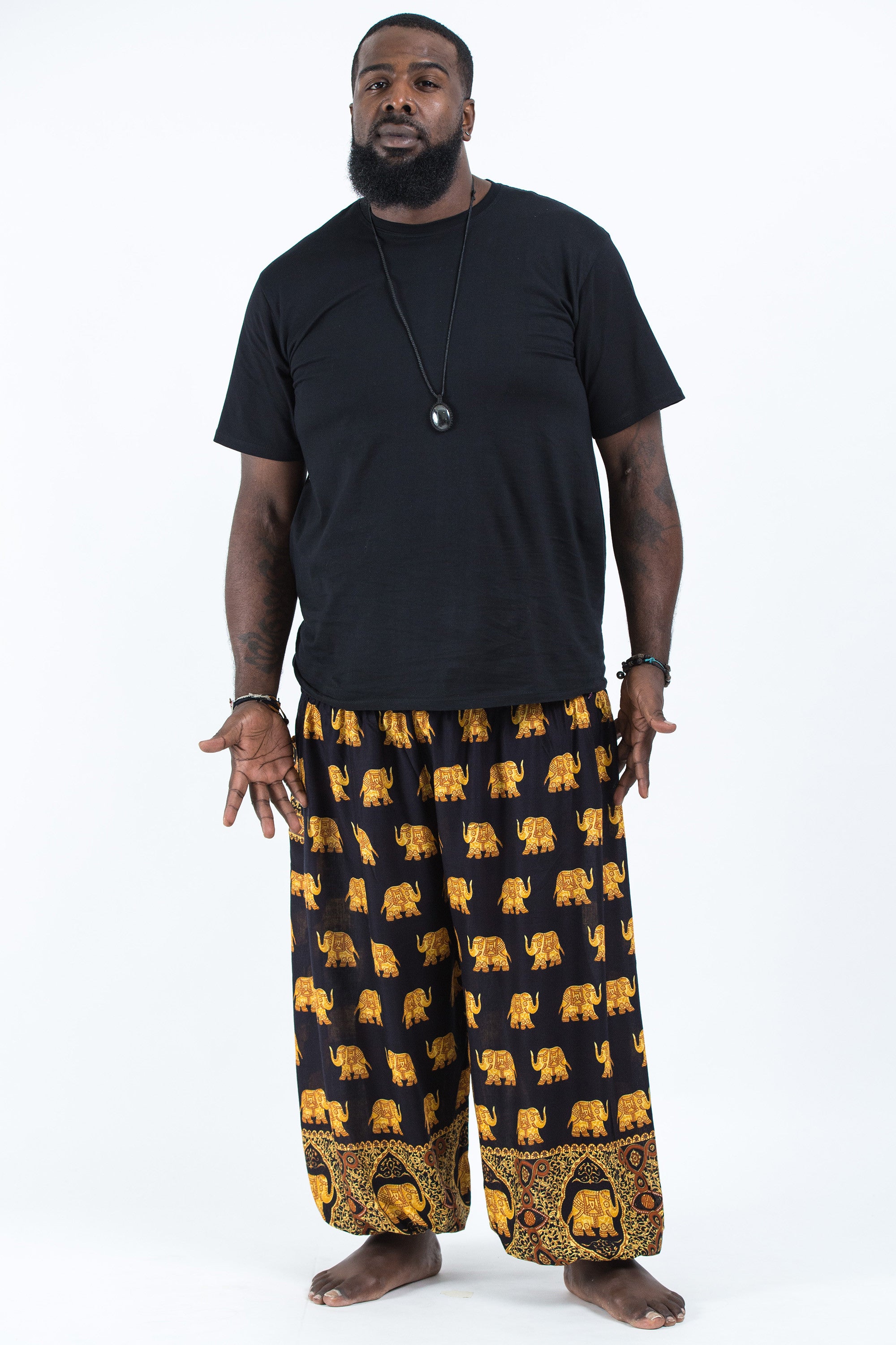 Plus Size Golden Elephant Men's Elephant Pants in Black