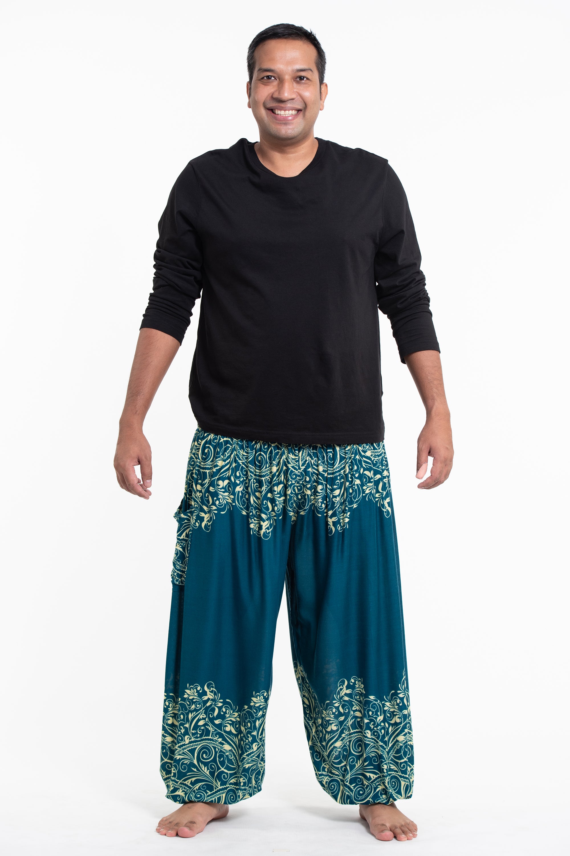 Plus Size Vines Men's Harem Pants in Turquoise