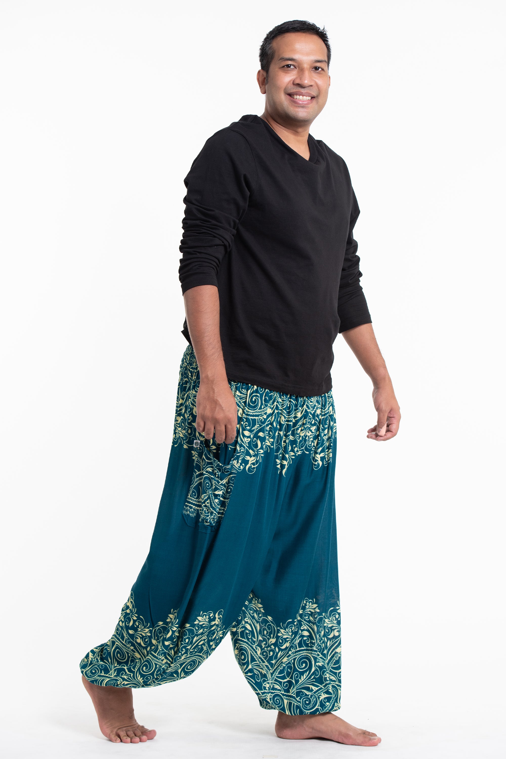 Plus Size Vines Men's Harem Pants in Turquoise
