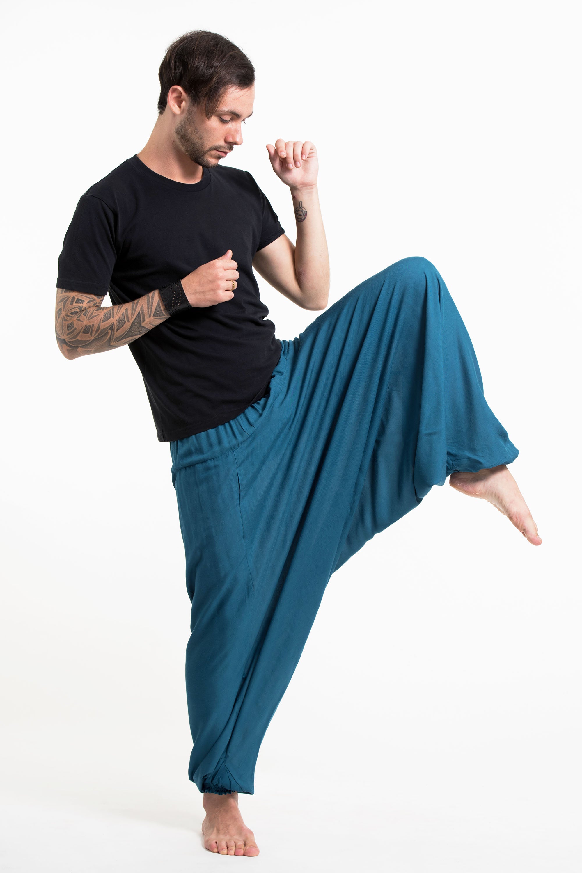 Solid Color Drop Crotch Men's Harem Pants in Aqua Blue