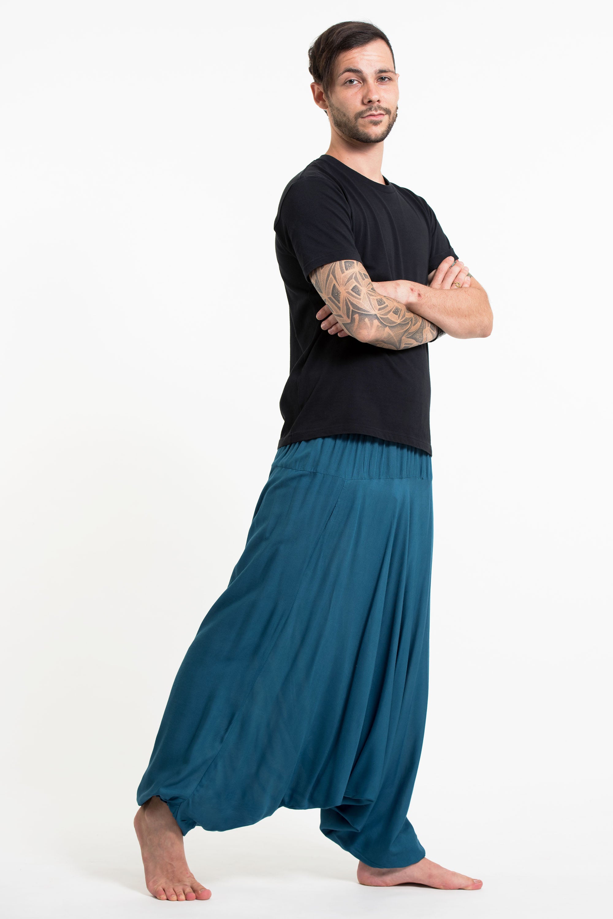 Solid Color Drop Crotch Men's Harem Pants in Aqua Blue