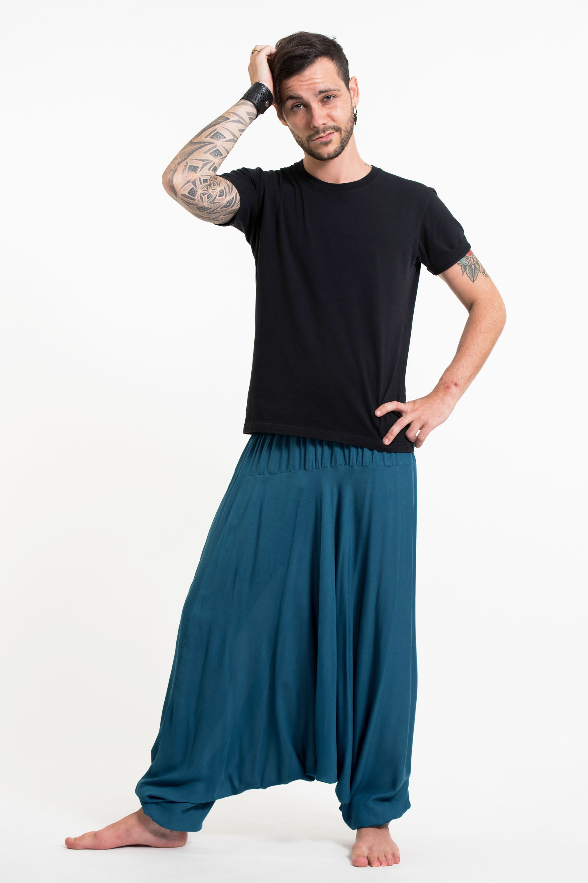 Solid Color Drop Crotch Men's Harem Pants in Aqua Blue