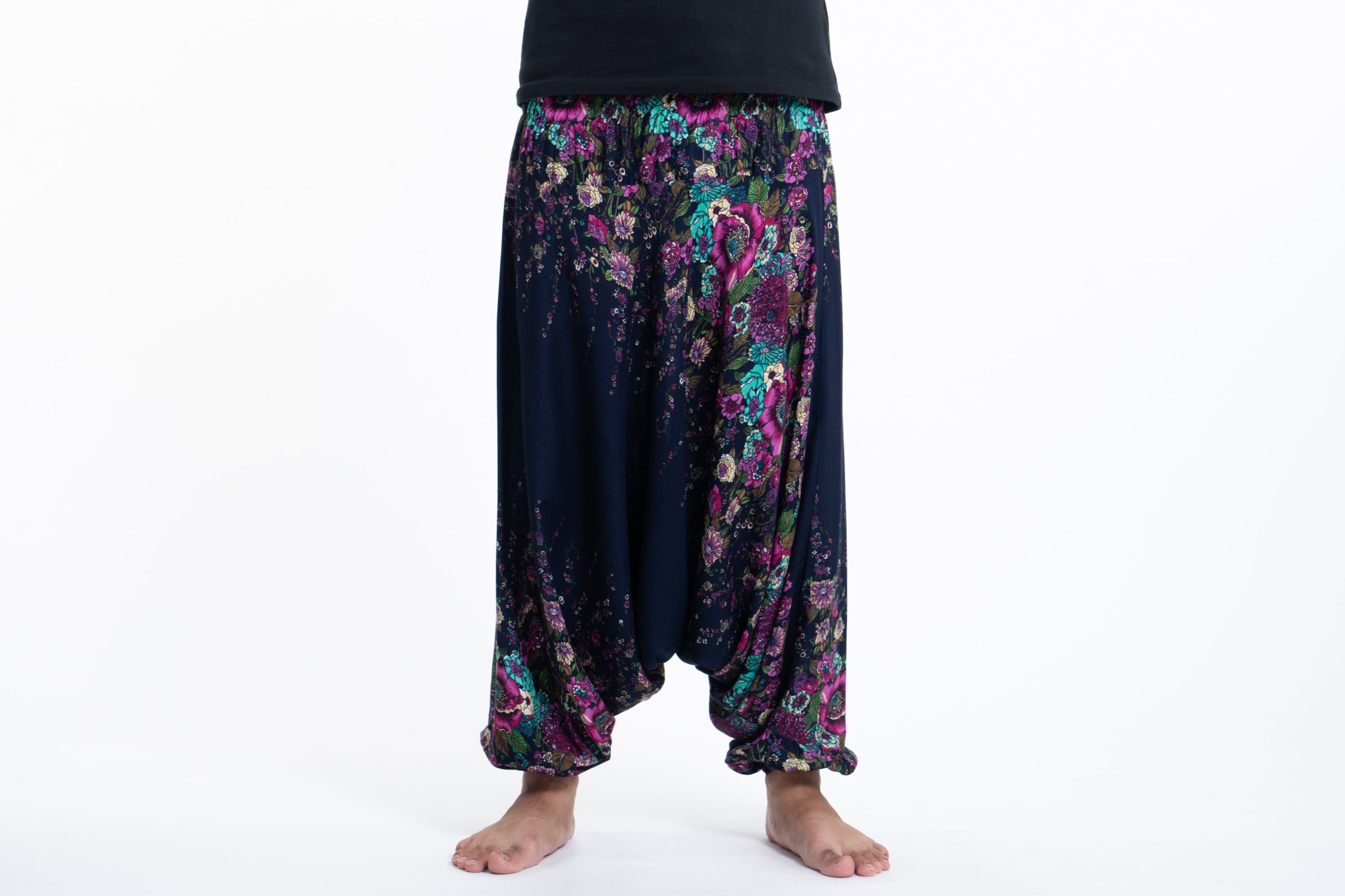 Floral Drop Crotch Men's Harem Pants in Blue