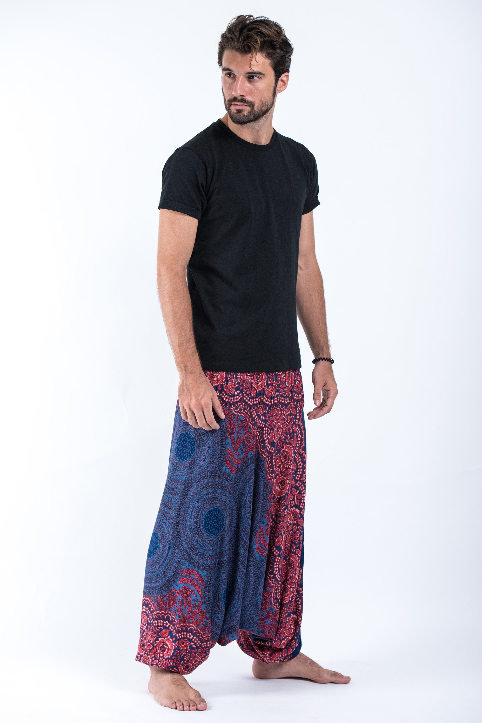 Geometric Mandalas Drop Crotch Men's Harem Pants in Blue