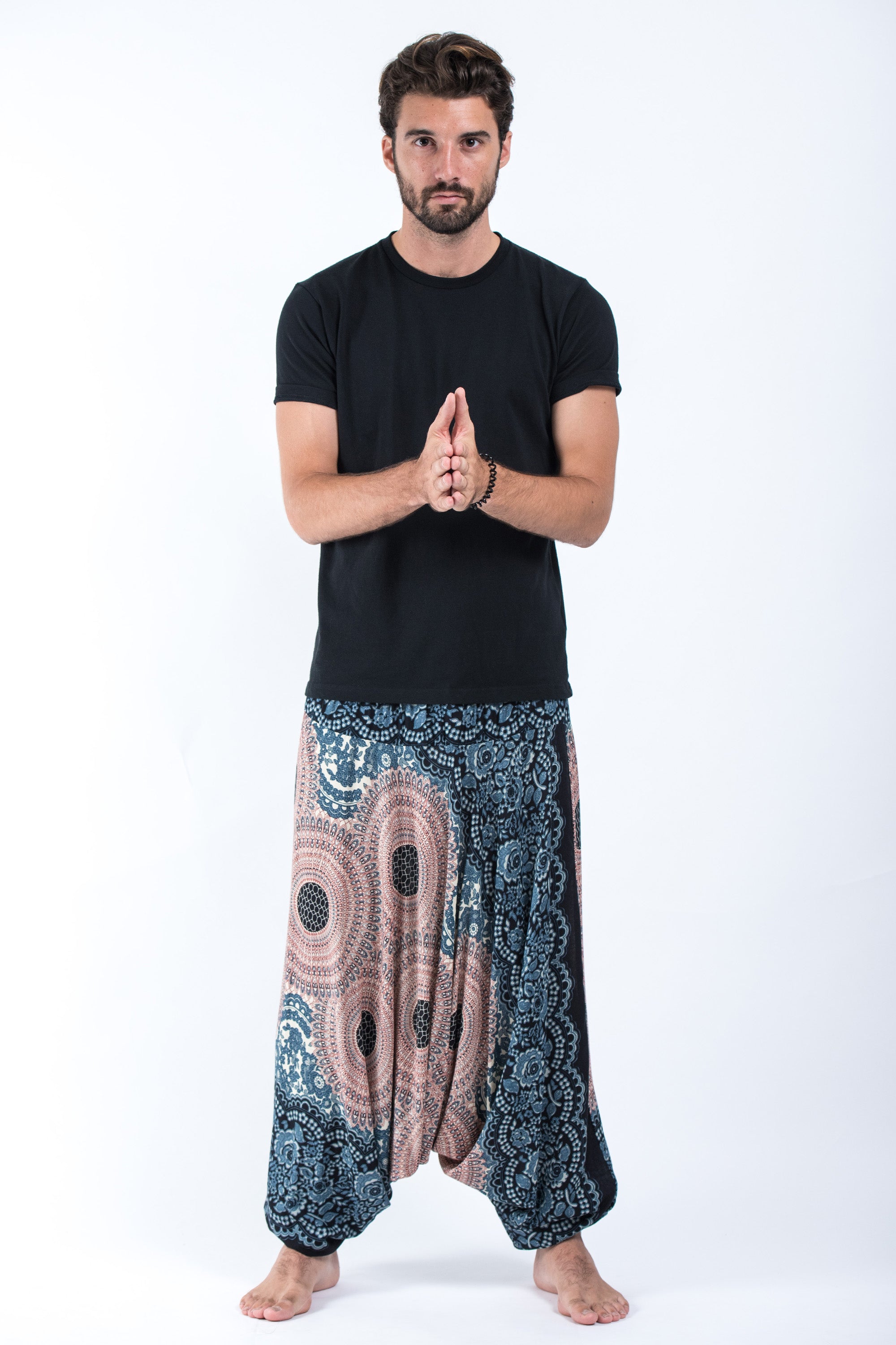 Geometric Mandalas Drop Crotch Men's Harem Pants in Silver Gray